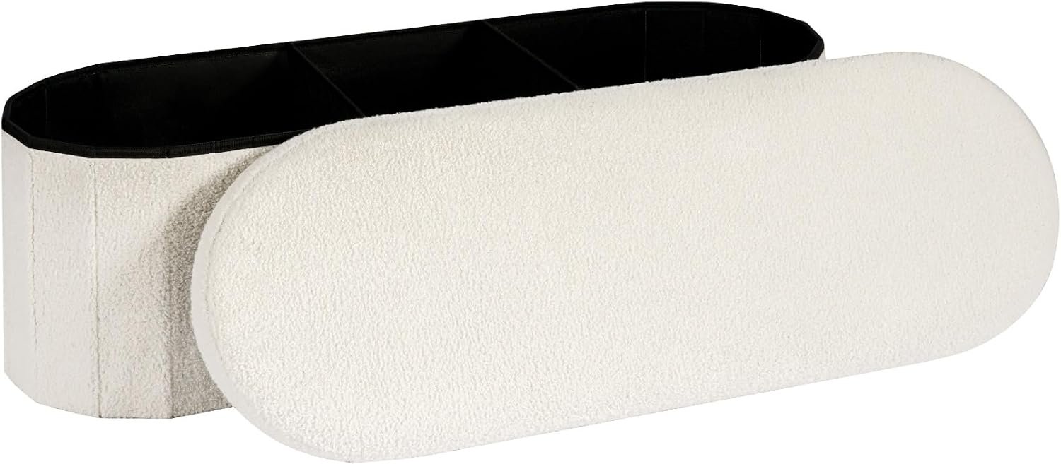 Storage Ottoman Bench, 43.3 Inches Oval Ottoman with Storage, Teddy Boucle Foot Rest, Large Folding Ottoman Bench for Living Room, Entryway, Bedroom, White