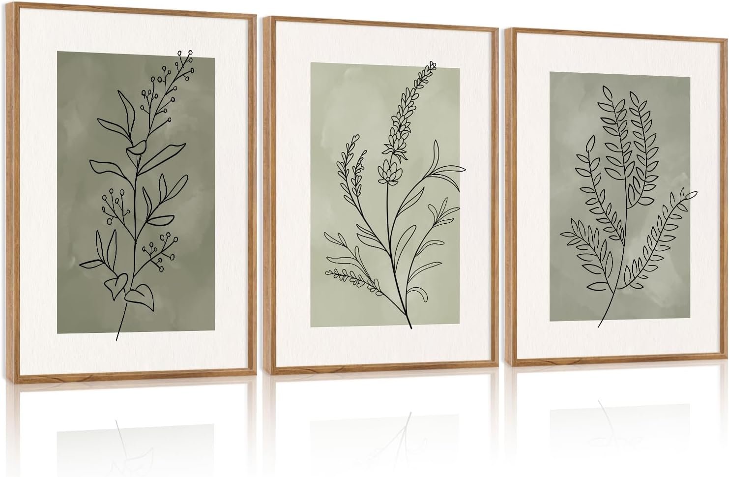 CHDITB Botanical Sage Leaf Framed Canvas Wall Art Set Of 3, Minimalist Wall Decor, Boho Nature Floral Greenery Wall Painting, Neutral Botanical Plant Art Prints For Dining Room Bedroom Decor 12”X16”