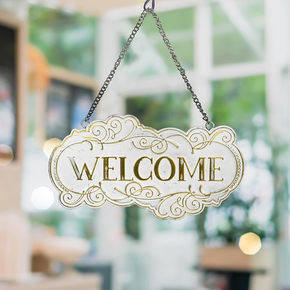 All Chic Metal Welcome Sign for Front Door, 8.7″ x 4.7″ Hanging Welcome Decor, Gold, Rustic