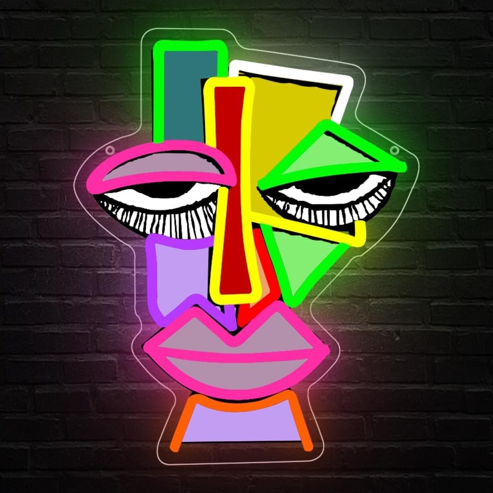 Abstract Face Neon Sign,Uv Print Abstract Art Led Light up Signs for Wall Decor,Bar,Cafe,Trendy Restaurant,Game Room Decor Party,The Best Art Gifts