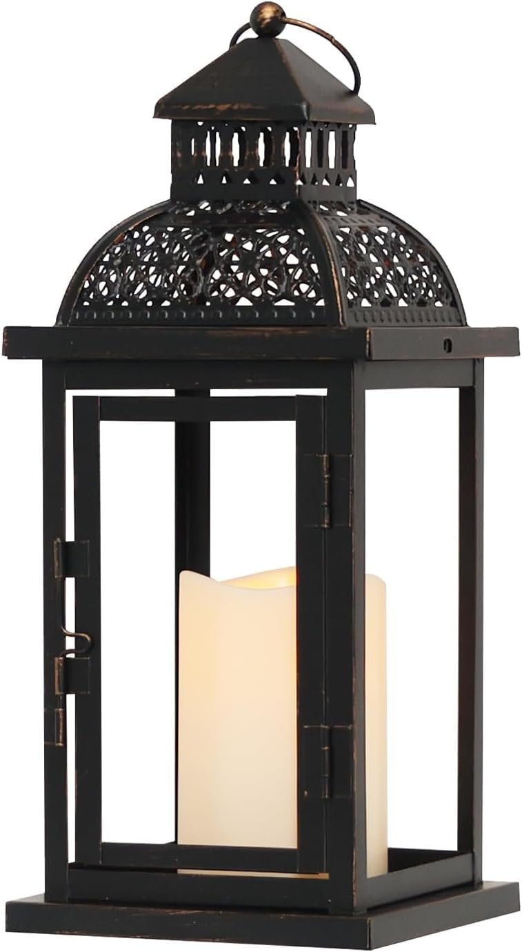 No Glass Lanterns Decorative Indoor & Outdoor, 15” Candle Lantern Decorative Christmas Indoor Outdoor Decor, Vintage Metal Hanging Lanterns with LED Candle for Patio, Front Porch,Yard, Table