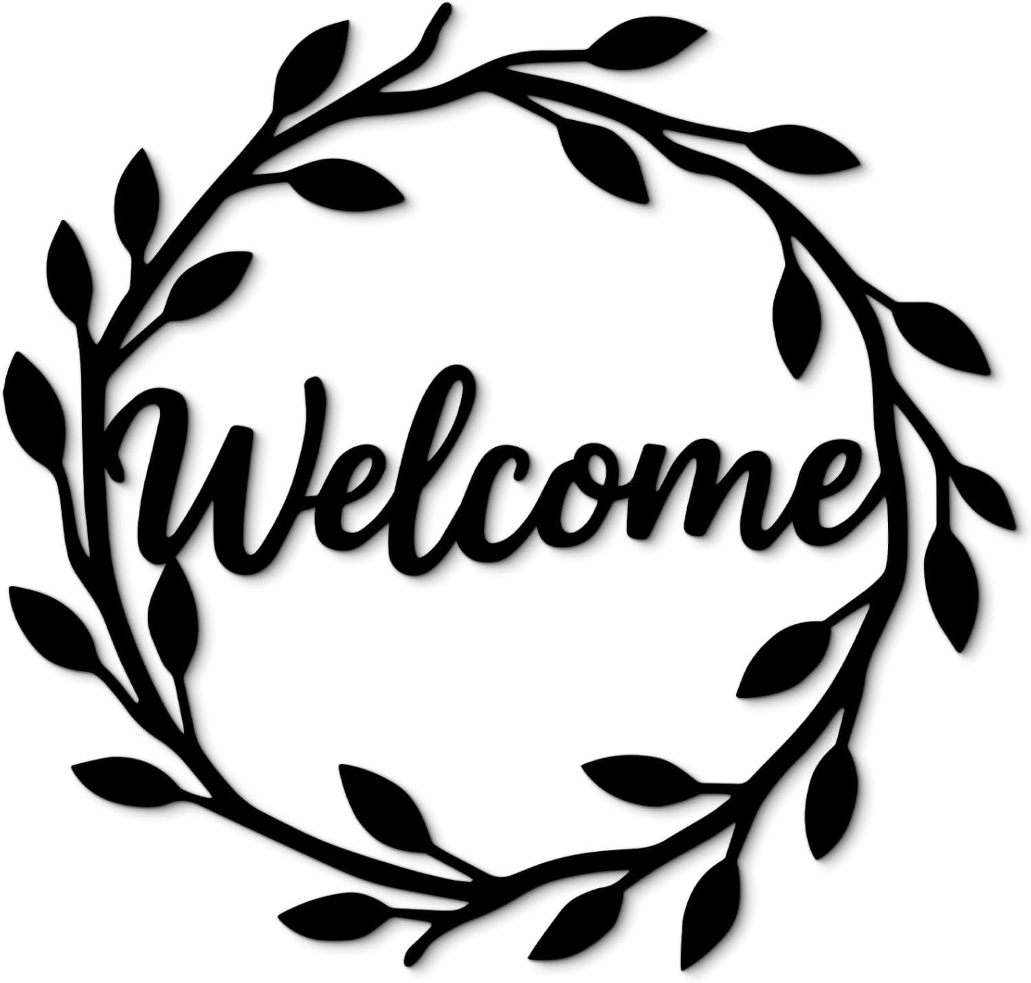 Vineland Metal Welcome Wall Decor, Black Iron Wreath Sign with Leaves, 11.8 x 11.2 Inch Matte Minimalist Welcome Sign for Front Door, Entryway, Porch, Farmhouse Home Decoration