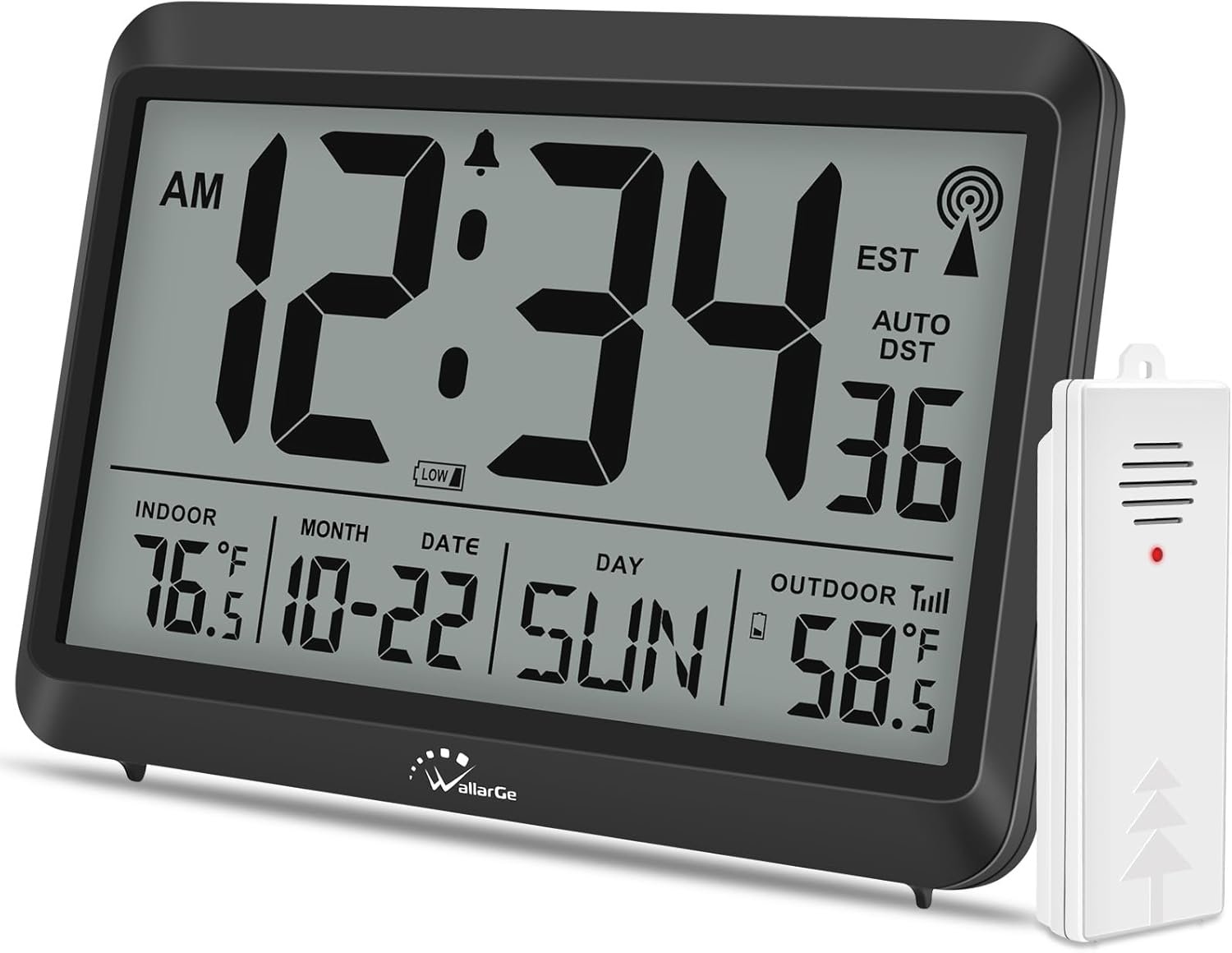 WallarGe Atomic Clock with Indoor Outdoor Temperature – 8.5” Digital Clock Battery Operated, Self-Setting, 4 Time Zones, DST