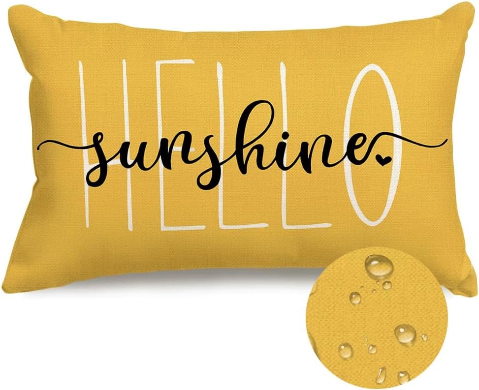 RABUSOFA Outdoor Waterproof Pillows Decorative Throw Pillows,12×20 Inch Hello Sunshine Summer Pillow Covers,Yellow Mustard Waterproof Pillow Cases for Patio Furniture Garden Spring(2-12)
