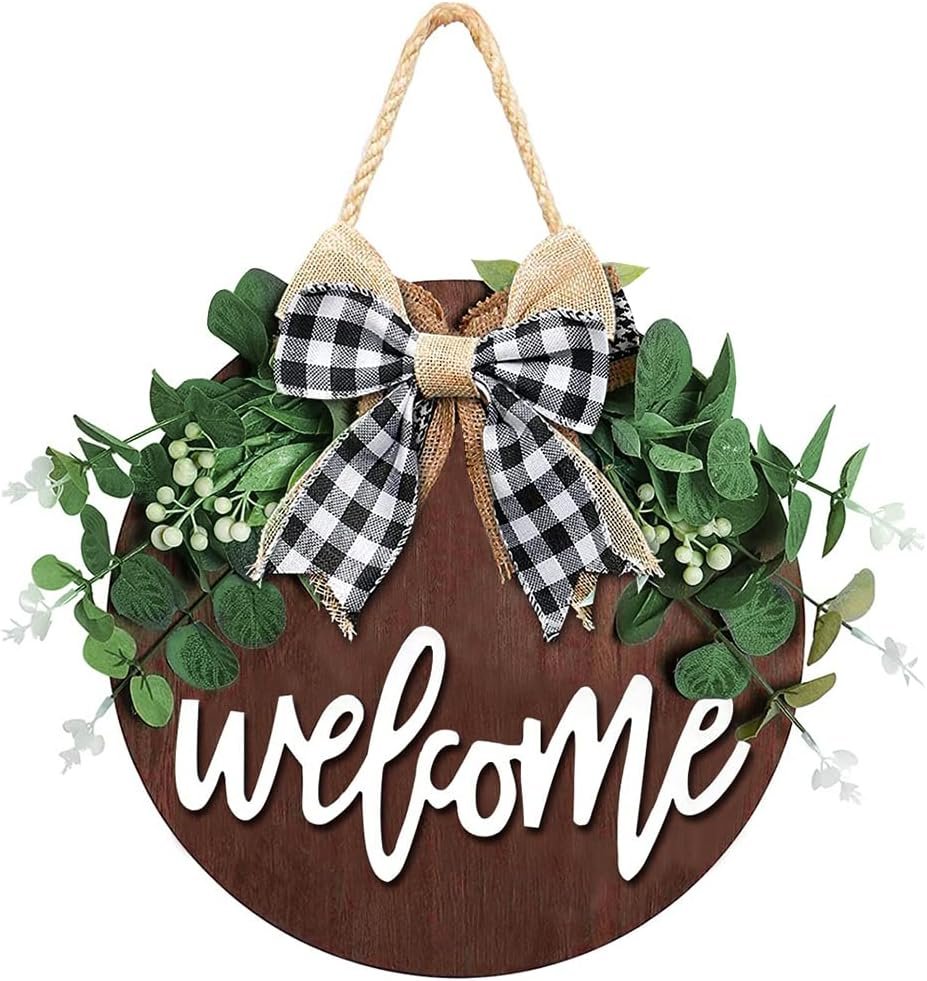 Welcome Sign for Front Door, Decor for Farmhouse Porch, Rustic Welcome Wreaths with Stapled Greenery, Round Wooden Hanging Housewarming Gift for Home Outdoor Indoor…