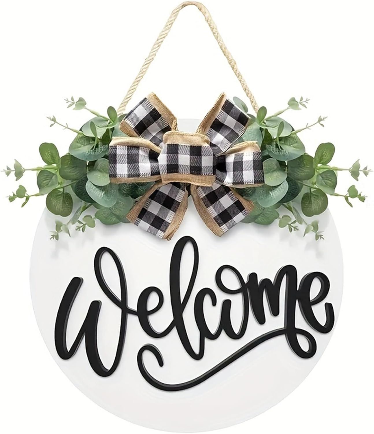 Welcome Sign for Front Door Porch, Rustic Round Wooden Hanging Sign, Farmhouse White, 11.8 Inch, All Seasons, Housewarming Gift, Outdoor Indoor Wall Decor (White)
