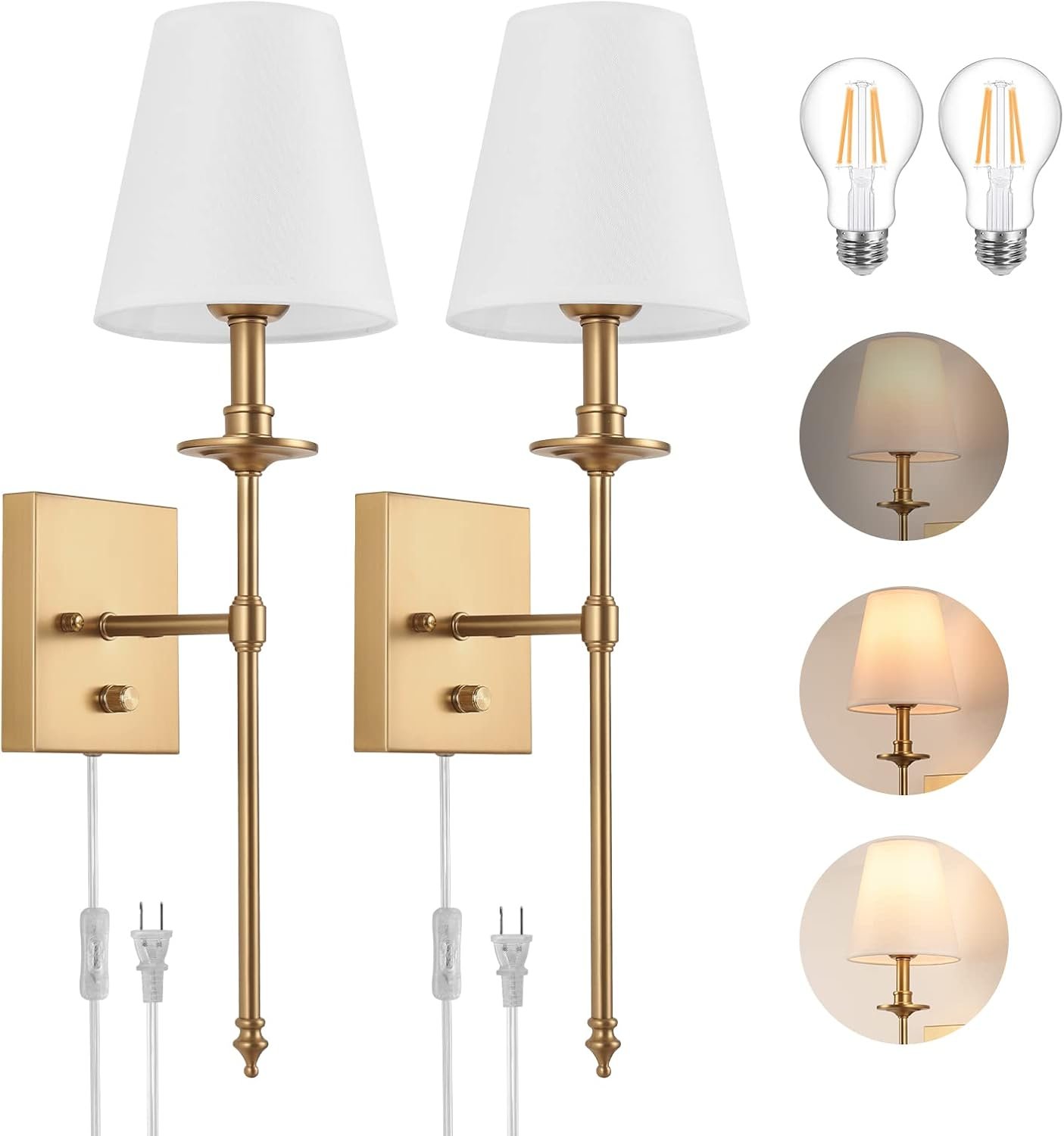 Dimmable Wall Sconces Set of Two, Plug in Wall Sconces White Fabric Shade, Wall Lamp for Bedroom, Living room, Plug in Wall Light Sconces Wall Decor Set of 2, LED Bulbs Included, Antique Brass