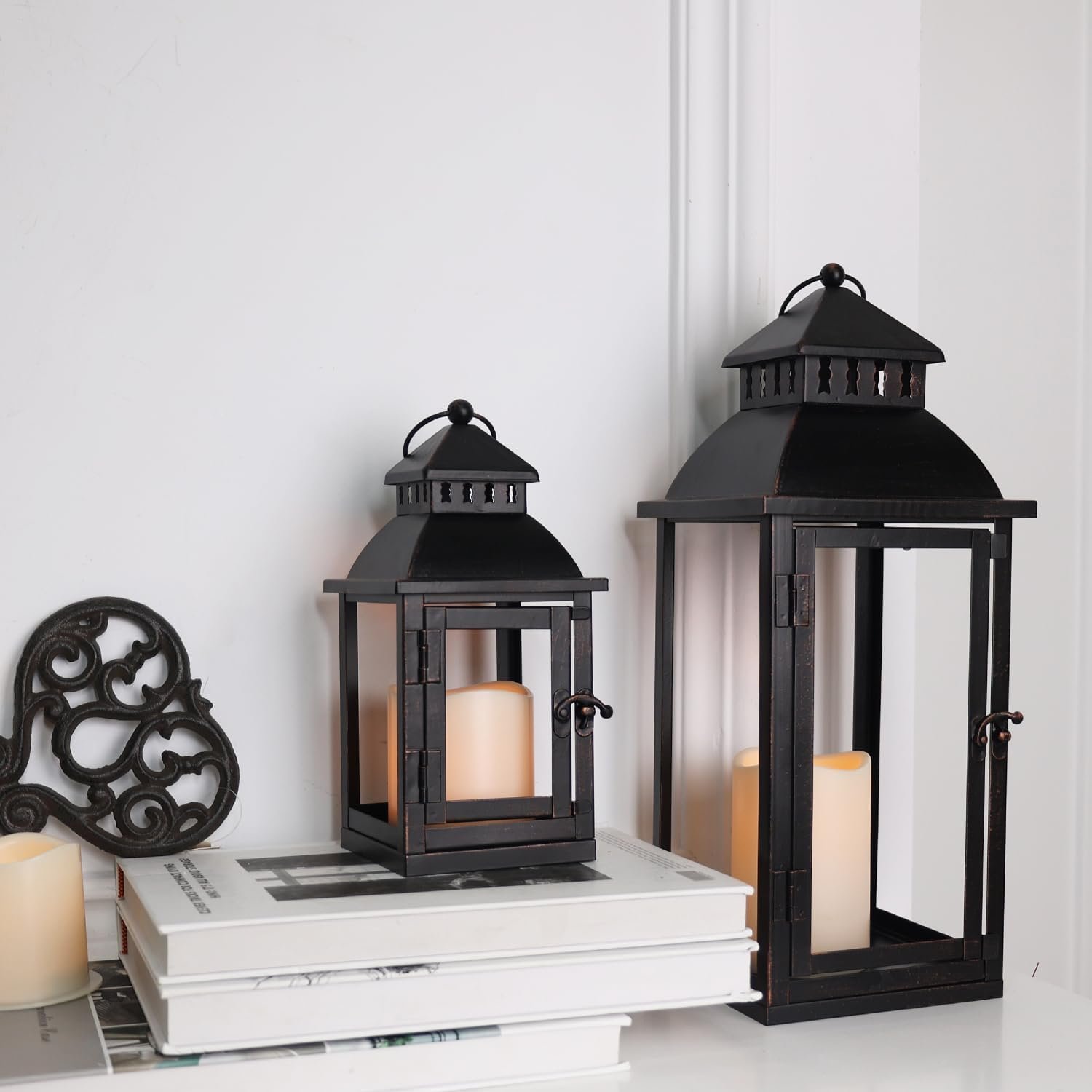 LED Lanterns Decorative Outdoor&Indoor, Set of 2 (17’’&11’’) Large Black Metal Lantern Decor with bronze brush, Candle Holder for Porch, Patio, Garden, Balcony, Wedding Decorations (No Glass)