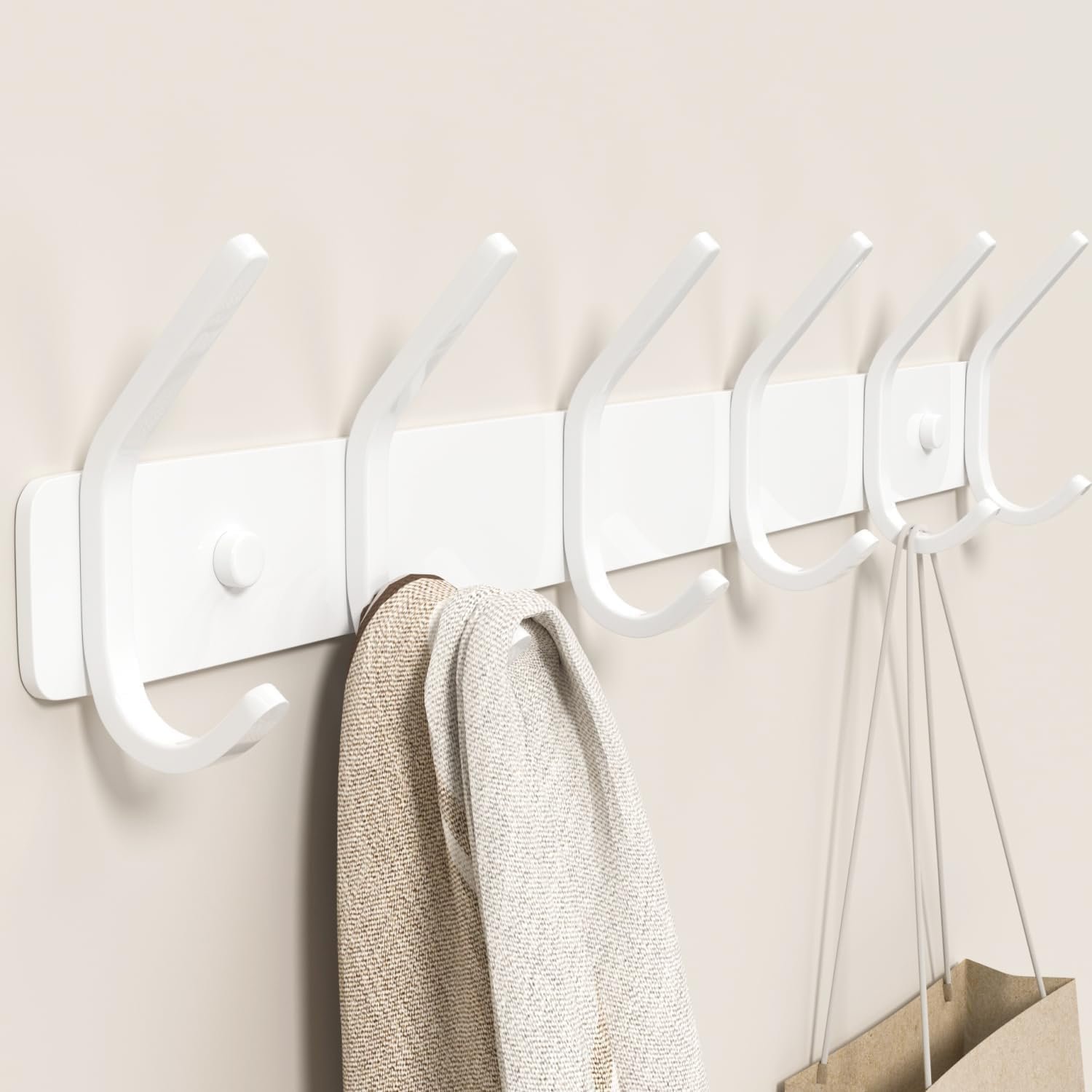 GWAAZXGZ Coat Rack Wall Mount Hooks – 15 Inch Matte White Metal 6-Hook Organizer Wall Mounted, Modern Kids Room, Entryway & Bathroom Hanger for Beach Towels, Coats, Purses, Bags (1 Pack)
