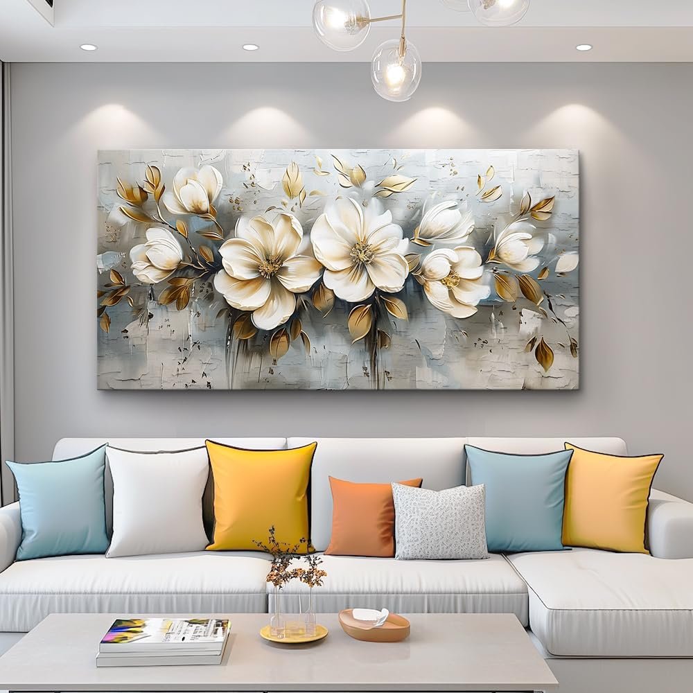 PHAOHUAXM Canvas Wall Decor For Bedroom Wall Art For Living Room Office Decor White Flowers Wall Paintings Abstract Picture Modern Artwork Posters kitchen Restaurant Home Decor Aesthetic 20″x40″