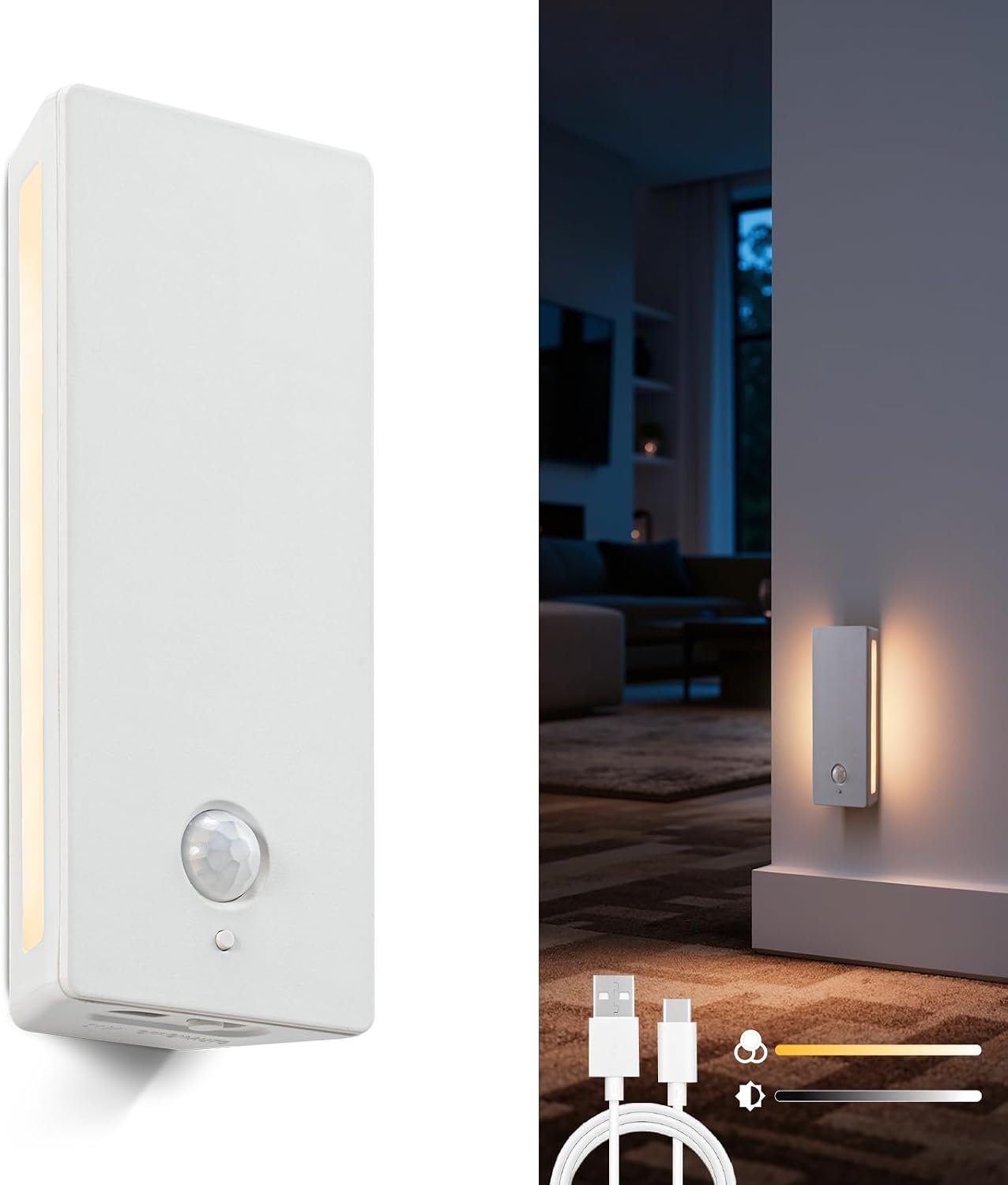 LED Backlit Motion Sensor Night Light, Rechargeable Night Light, Mini Stick-On Night Lights, Soft Two-Sided Glow, Magnetic, 3-Color Adjustable, for Bedroom, Toilet, Hallway & Cabinet