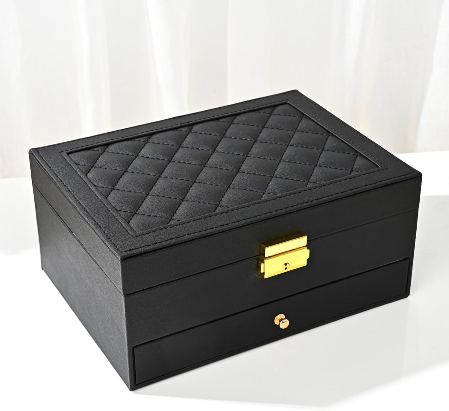 GUOER Jewelry Box for Women Girl Wife – Large PU Leather Jewelry Organizer Storage Case with Two Layers Display for Earrings Bracelets Rings Watches Mothers Day Gifts (Black)