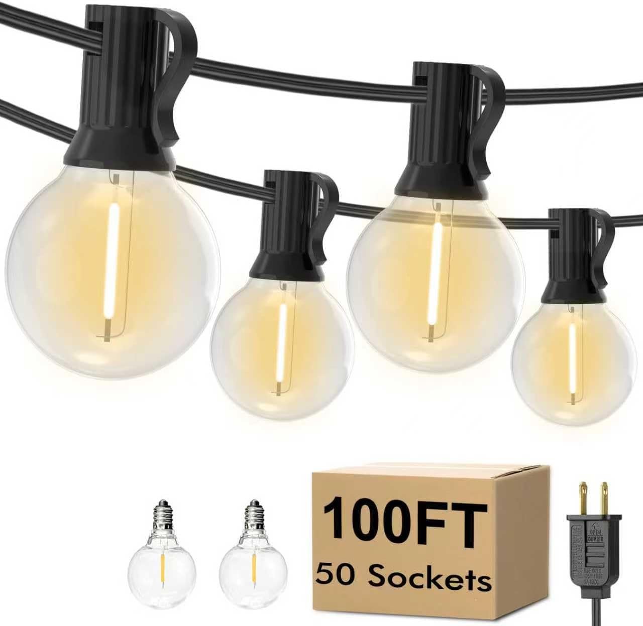 100FT Outdoor LED String Lights with 50+2 Shatterproof G40 Vintage Bulbs,Shatterproof &Waterproof Patio Lights for Porch, Deck, Garden, Backyard, Balcony – 2700K Warm White