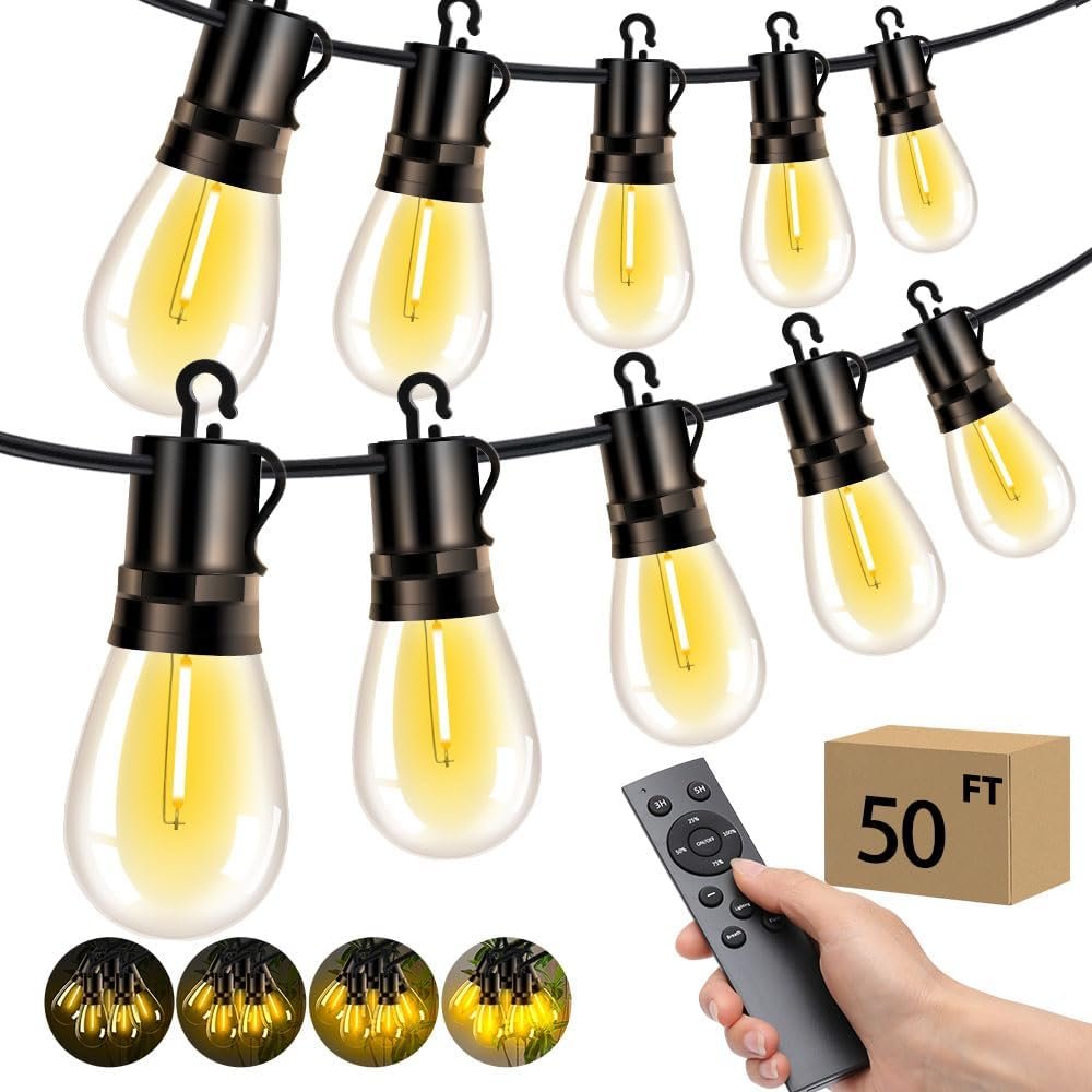 Outdoor Patio String Lights: S14 Shatterproof Bulb Outside Waterproof Light – 50FT 15M Remote Dimmable Connectable Hanging Outdoor Electric Lighting – Garden Backyard Yard Gazebo Porch Party
