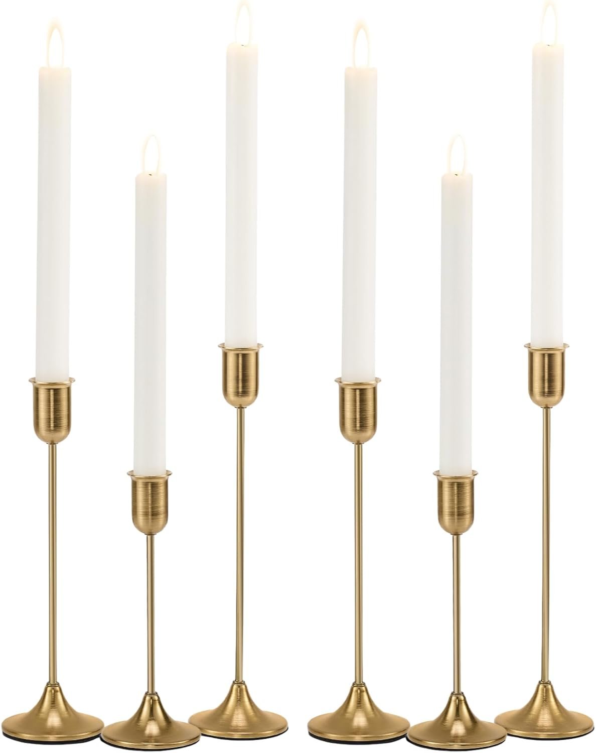 Brass Gold Candlestick Holders, Metal Taper Candle Holders Set of 6, Vintage Modern Candle Sticks Holder Decor for Table Centerpiece, Fireplace Mantel Wedding Housewarming Gift, Candlelit Dinner Décor