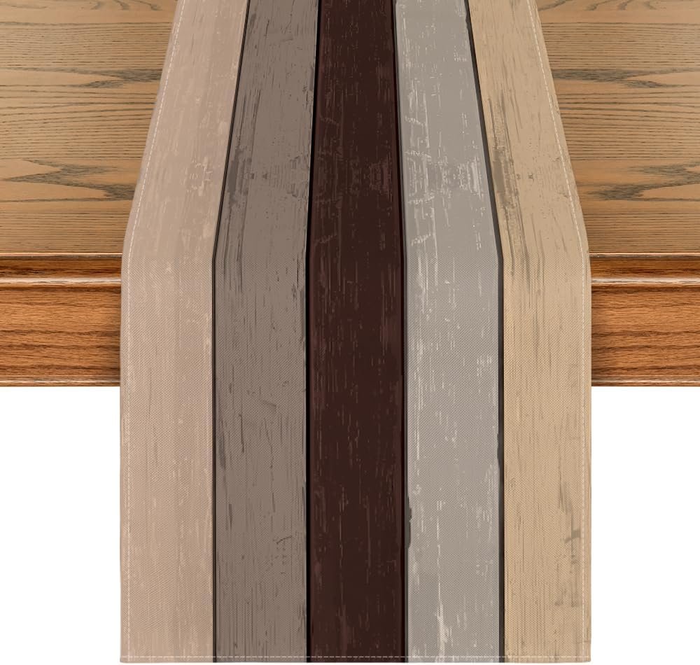 Artoid Mode Brown Retro Rustic Wood Texture Table Runner, Seasonal Spring Kitchen Dining Table Decoration for Home Party Decor 13×72 Inch