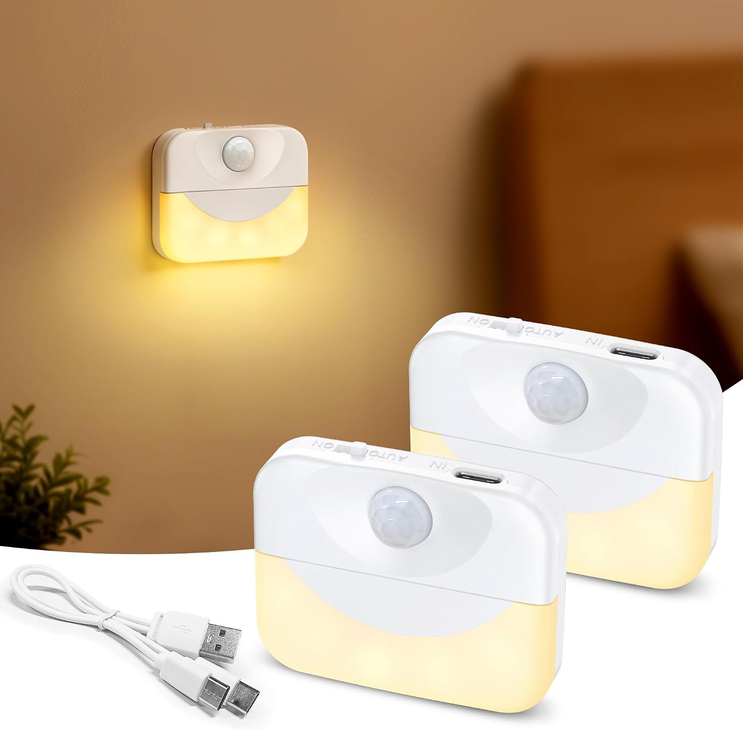 ZAPOGO 2 Pack Rechargeable Motion Sensor Stair Light for Indoor,Warm White LED Night Light,Wireless Stick on Anywhere Hallway Lamp,Motion Activated Lamps for Step, Cabinet, Hallway, Bathroom