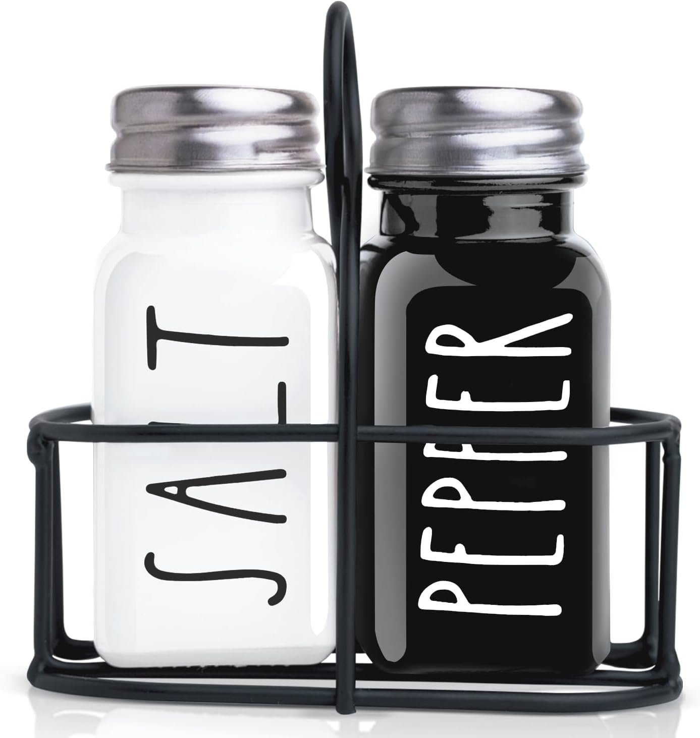 Farmhouse Salt and Pepper Shakers Set, A Cute Premium Glass Shakers with Holder and Stainless Steel Lids, Perfect for Adding a Vintage Kitchen Decor Charm, Great as a Gift (Black & White)