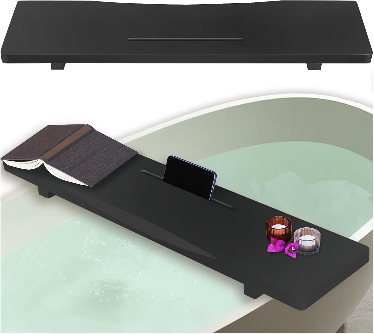 Stylish Black Bamboo Bathtub Tray Caddy with Adjustable Legs, Minimalistic Design Bath Tray for Tub, Bathtub Accessories, Fits Most Free Standing Bath Tubs, Idea for Women