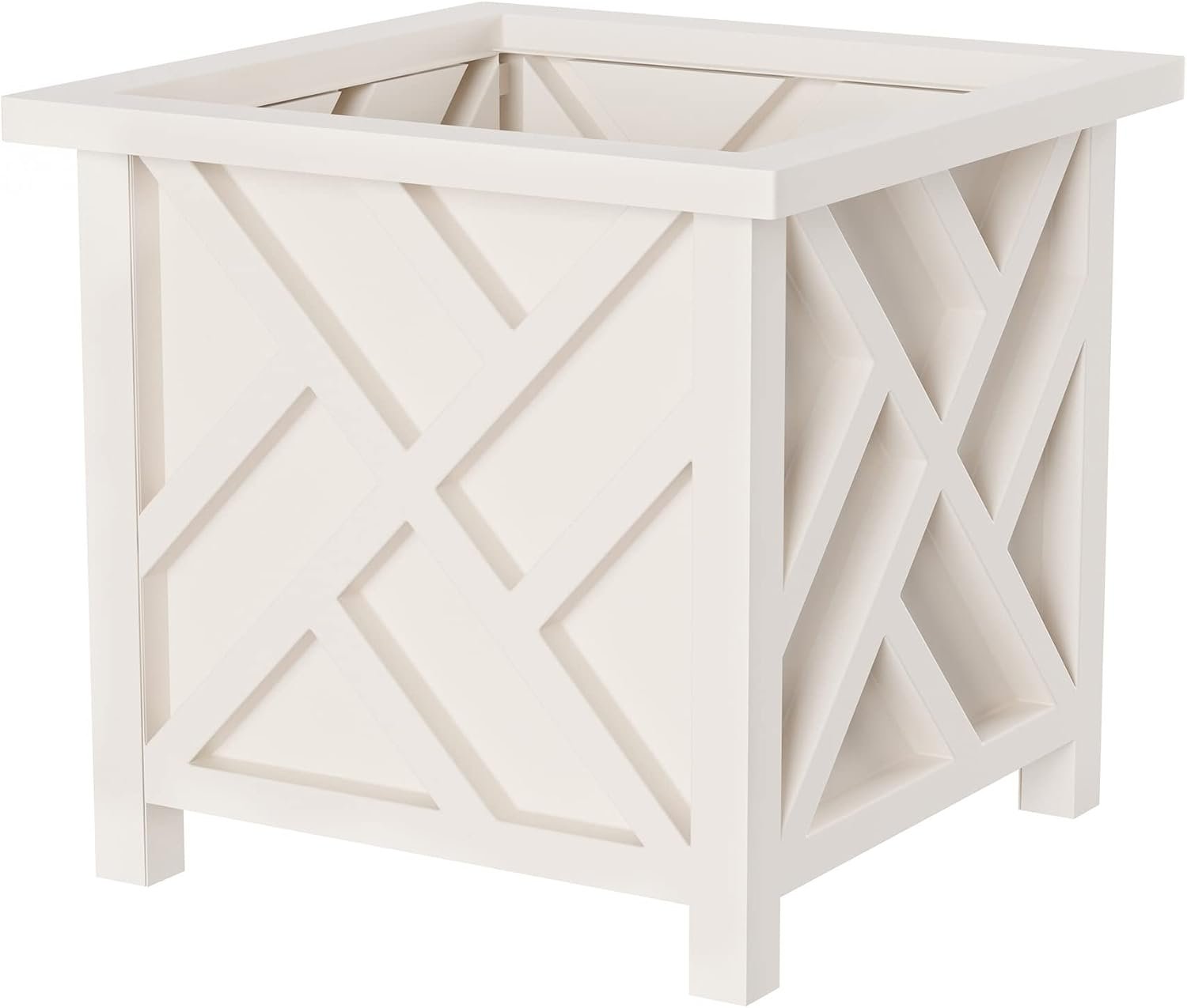 Lattice Design Outdoor Planter Box – 14.75” Square 13” Tall White Plant Pot – Decorative Plant Pots for Front Porch Decor – Flower Pots Outdoor Planters for Porch Patio or Garden Decor by Pure Garden