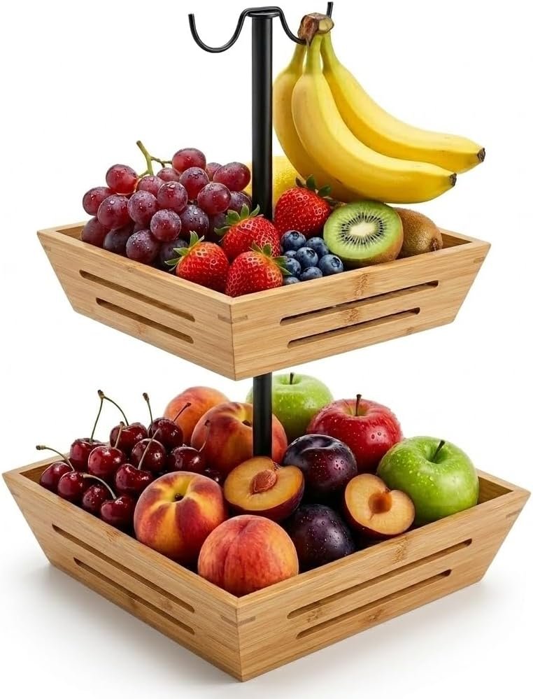 G.a HOMEFAVOR Bamboo Fruit Basket: 2-Tier Vegetable Storage with Banana Holder, Kitchen Countertop Organizer for Bread Snack, Large Size