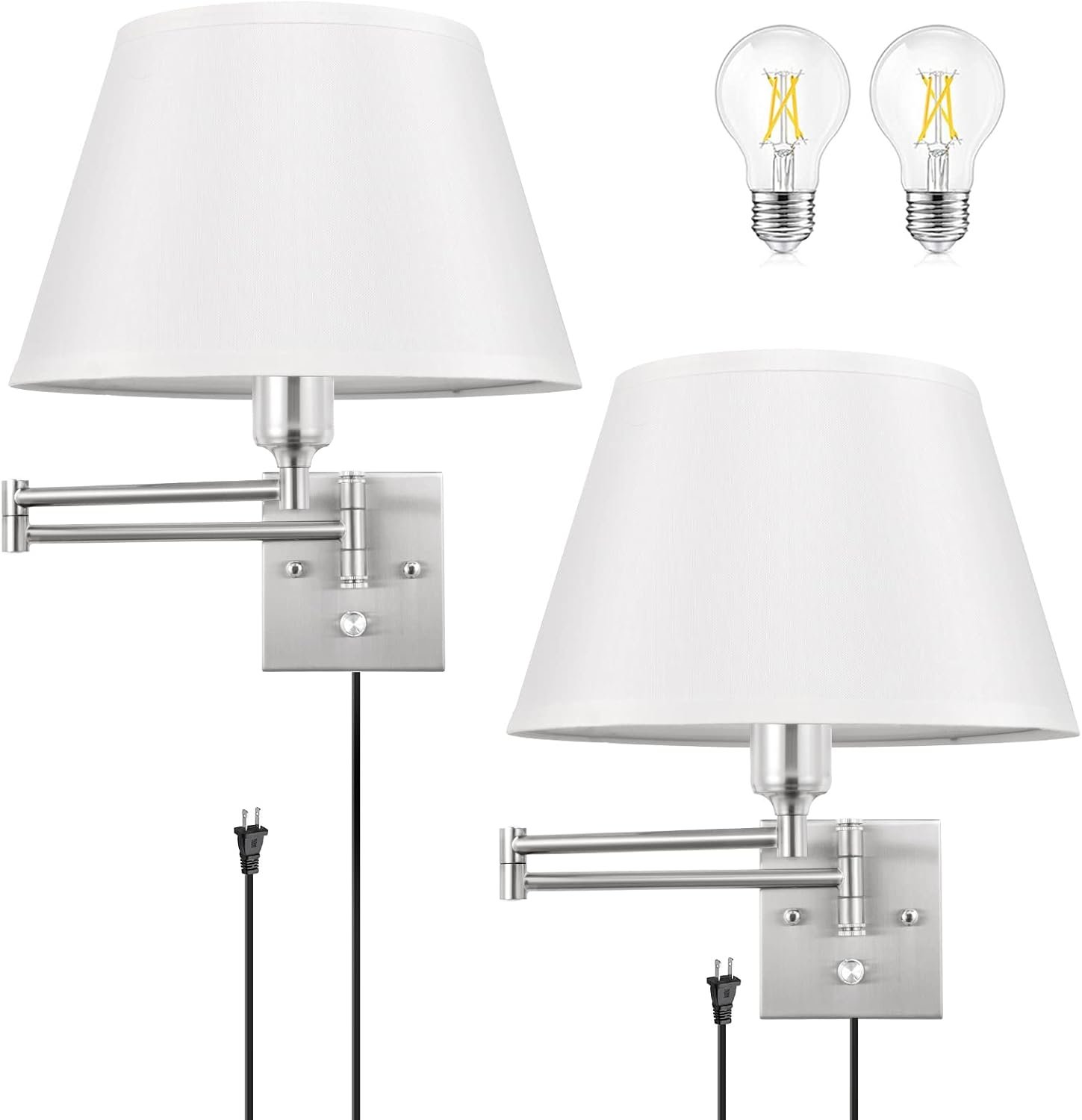 TRLIFE Dimmable Wall Sconce Plug in, Brushed Nickel Wall Sconces Set of Two Swing Arm Wall Lights with Plug in Cord and On/Off Dimmer Rotary Switch, 11.8″ Large White Fabric Shade(2 Pack, 2 Bulbs)