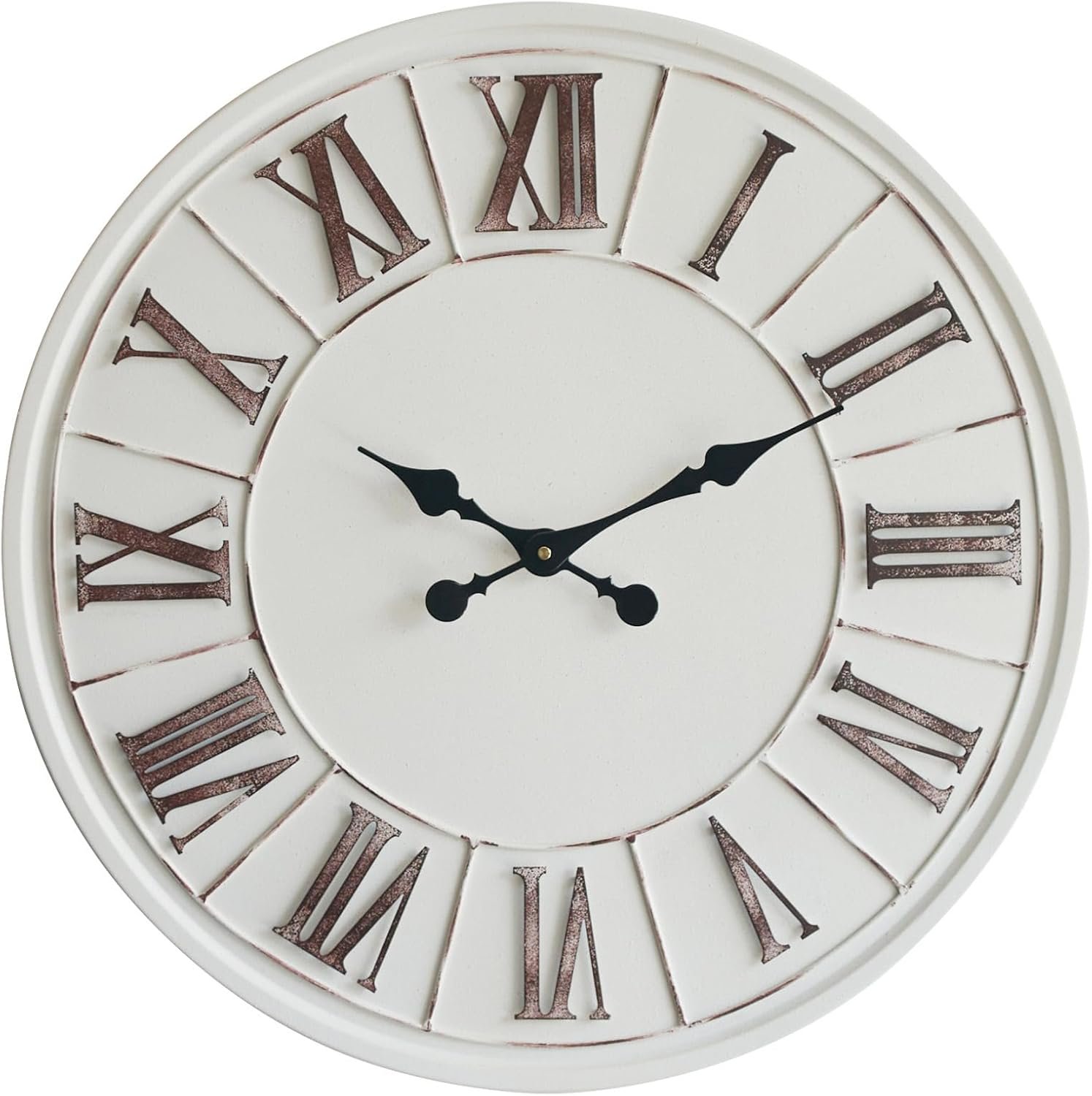 Large Farmhouse Wall Clock – 24 Inch, Rustic White, Distressed Roman Numeral, Metal Face, Battery Operated, Modern Farmhouse Decorative Wall Clock for Living Room Decor