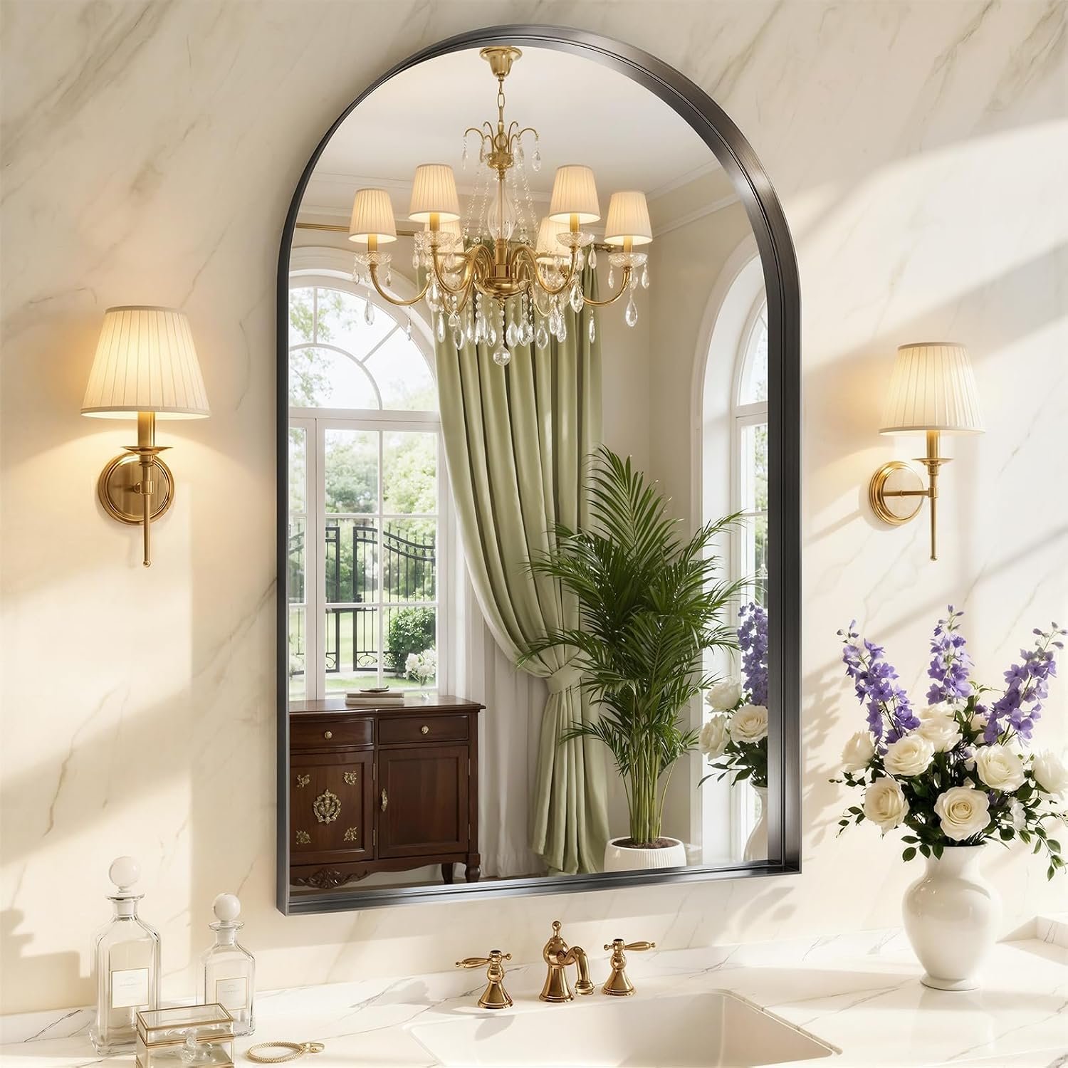 Arched Bathroom Mirror, 30″x48″ Black Frame Mirror for Wall Mounted, Arch Bathroom Vanity Mirror with HD Tempered Glass for Bedroom, Living Room, Entry Way, Vanity, Restroom