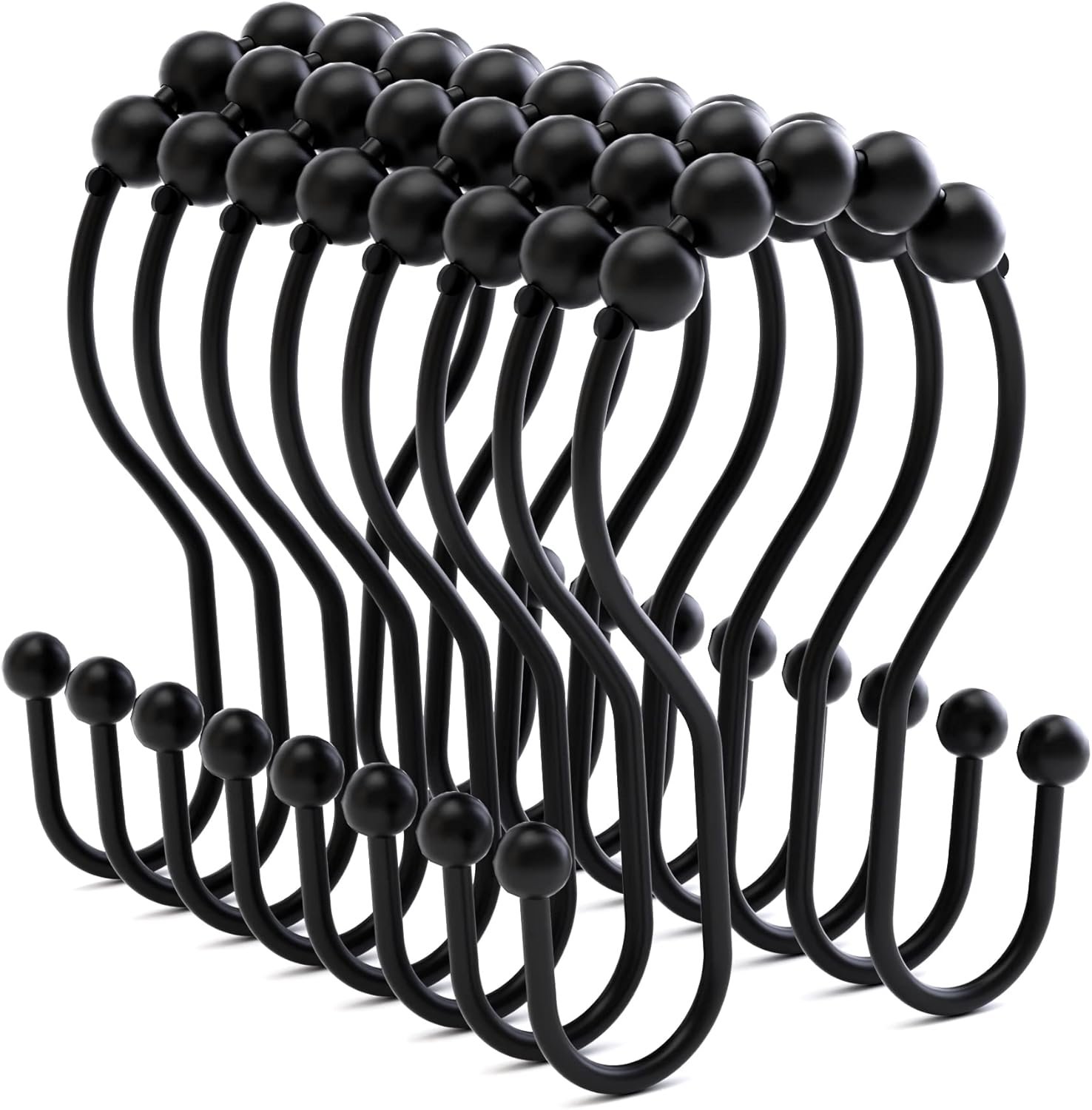 Bathway Shower Curtain Hooks Shower Curtain Rings Black Shower Curtain Hooks RustProof Smooth Metal Double Shower Curtain Hook, Shower Hooks for Shower Curtain Liner Bathroom Shower Rod Hook