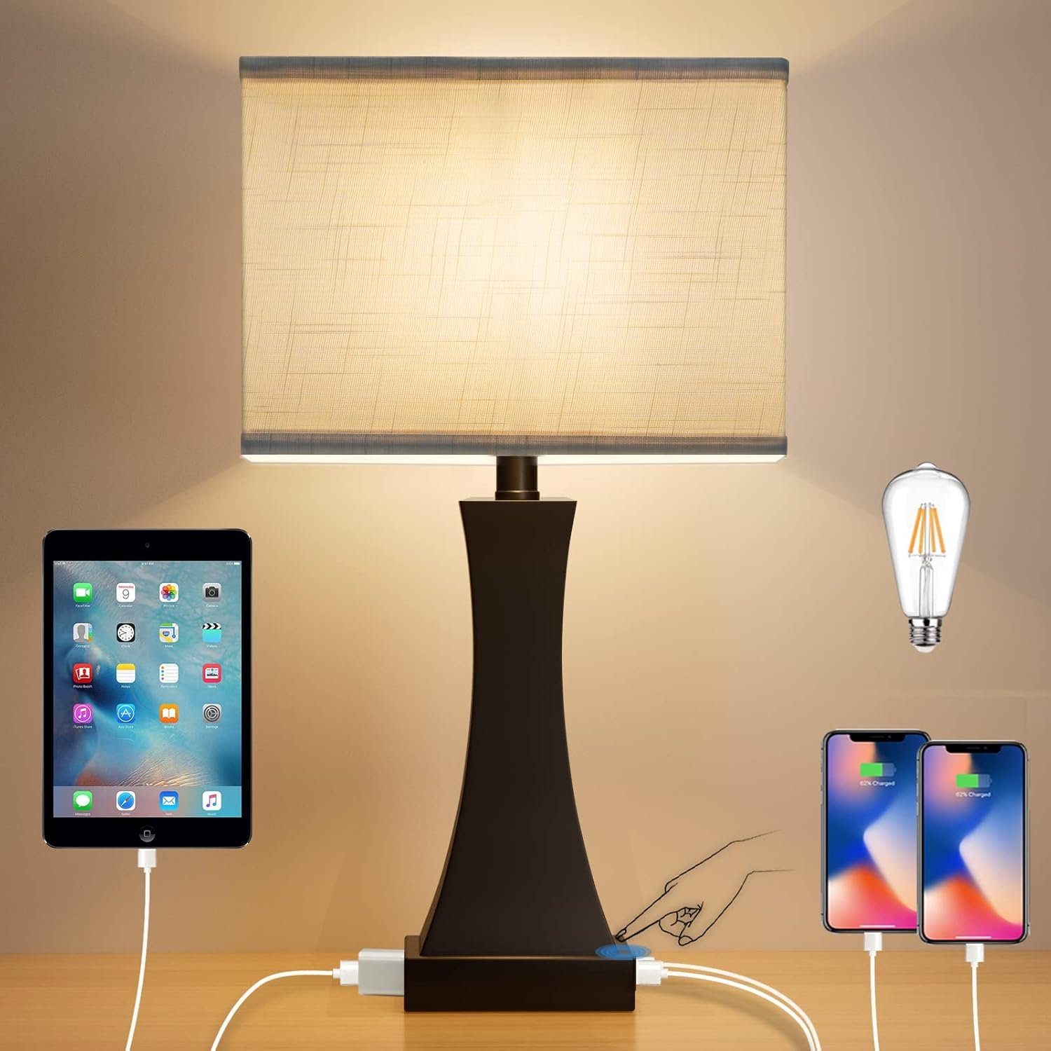 OYedis Table Lamp for Bedroom 3-Way Dimmable Touch Control Bedside Lamp with USB A+C Port & AC Outlet 21.6″ Tall Nightstand Lamp for Living Room Office and Hotel Bulb Included