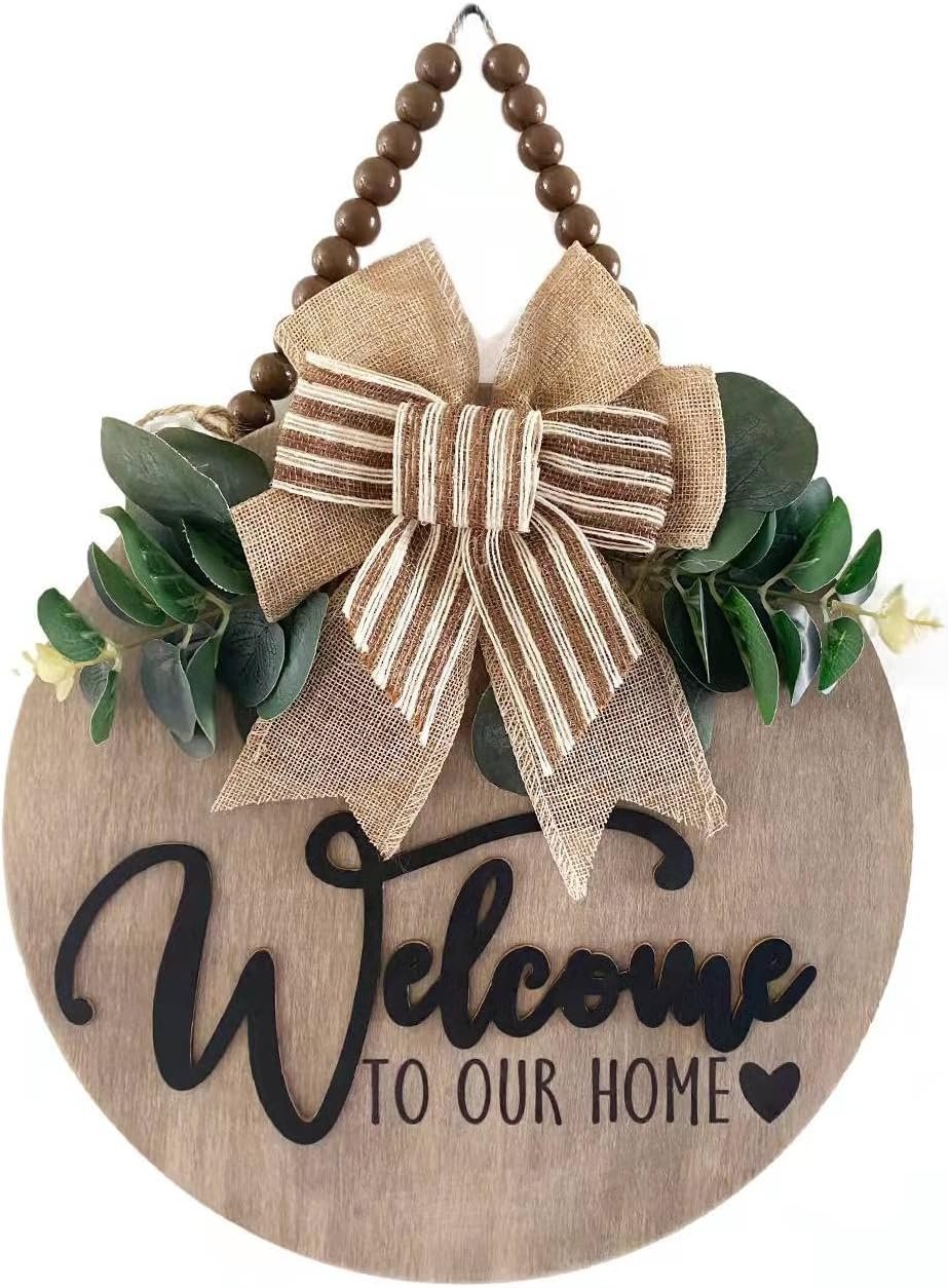 Condorpasea 3D Welcome Sign for Front Door | Home/Farmhouse Porch Décor Wooden Hanging Sign with Artificial Leaves and Rustic Beads | Christmas Classroom |12″ Round
