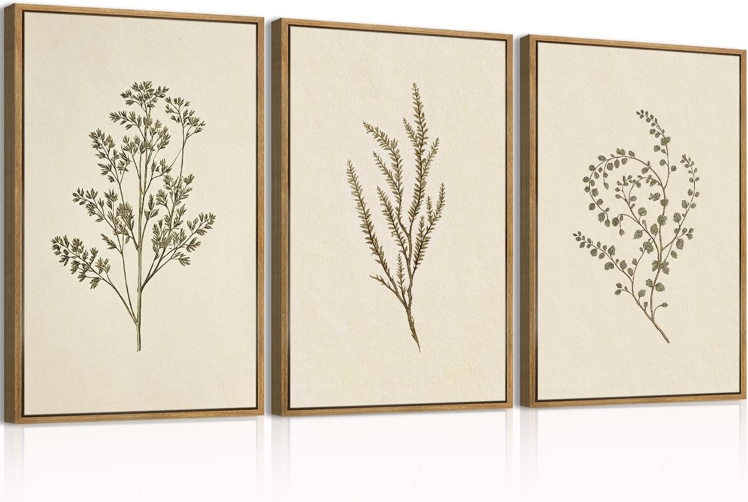 ANHUIB Neutral Beige Floral Canvas Wall Art Large Cream Botanical Wall Decor Vintage Minimalist Modern Paintings 16×24 Inch Set of 3 for Living Room Dining Room Bedroom