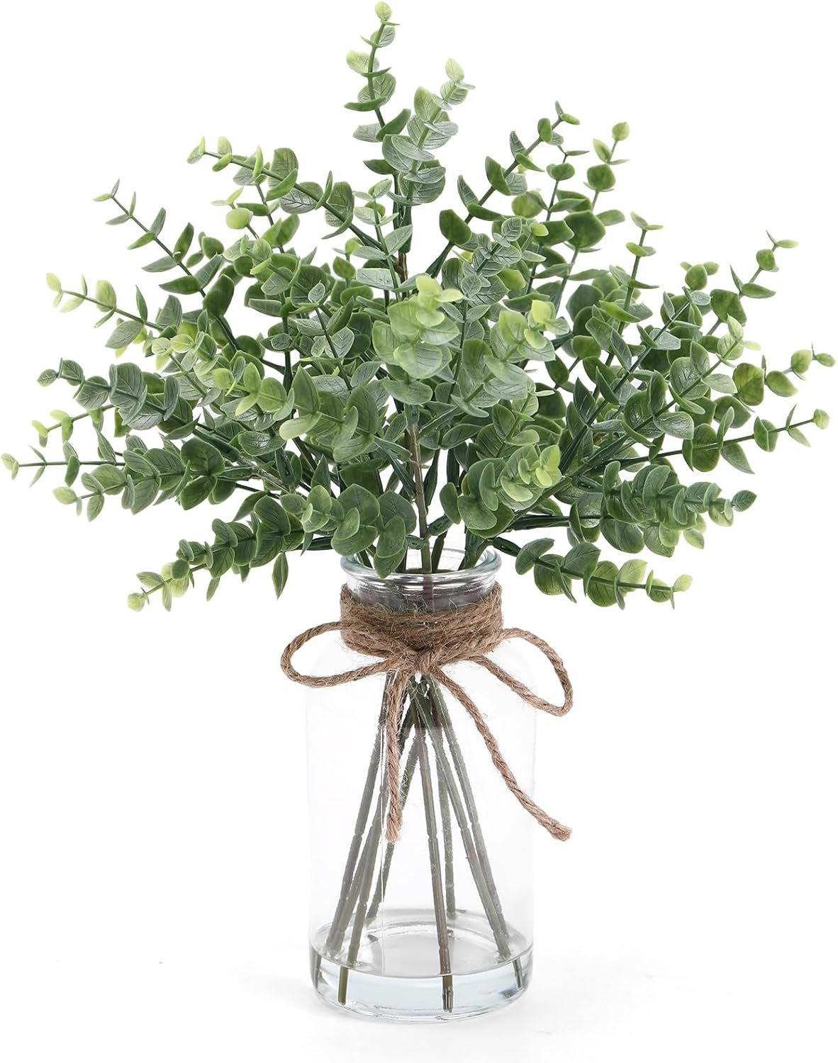 Coferset Eucalyptus Stems in Glass Vase with Faux Water, 14″ Eucalyptus Fake Plants for Home Bathroom Counter Office Kitchen Farmhouse Shelf Centerpiece Coffee Table Decor(Sage Green)