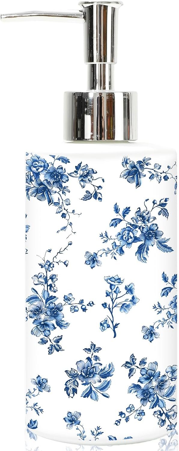 JarThenaAMCS Chinoiserie Floral Soap Dispenser Glass Dispenser with Pump Refillable Blue Flower Liquid Soap Container for Home Kitchen Bathroom Countertop