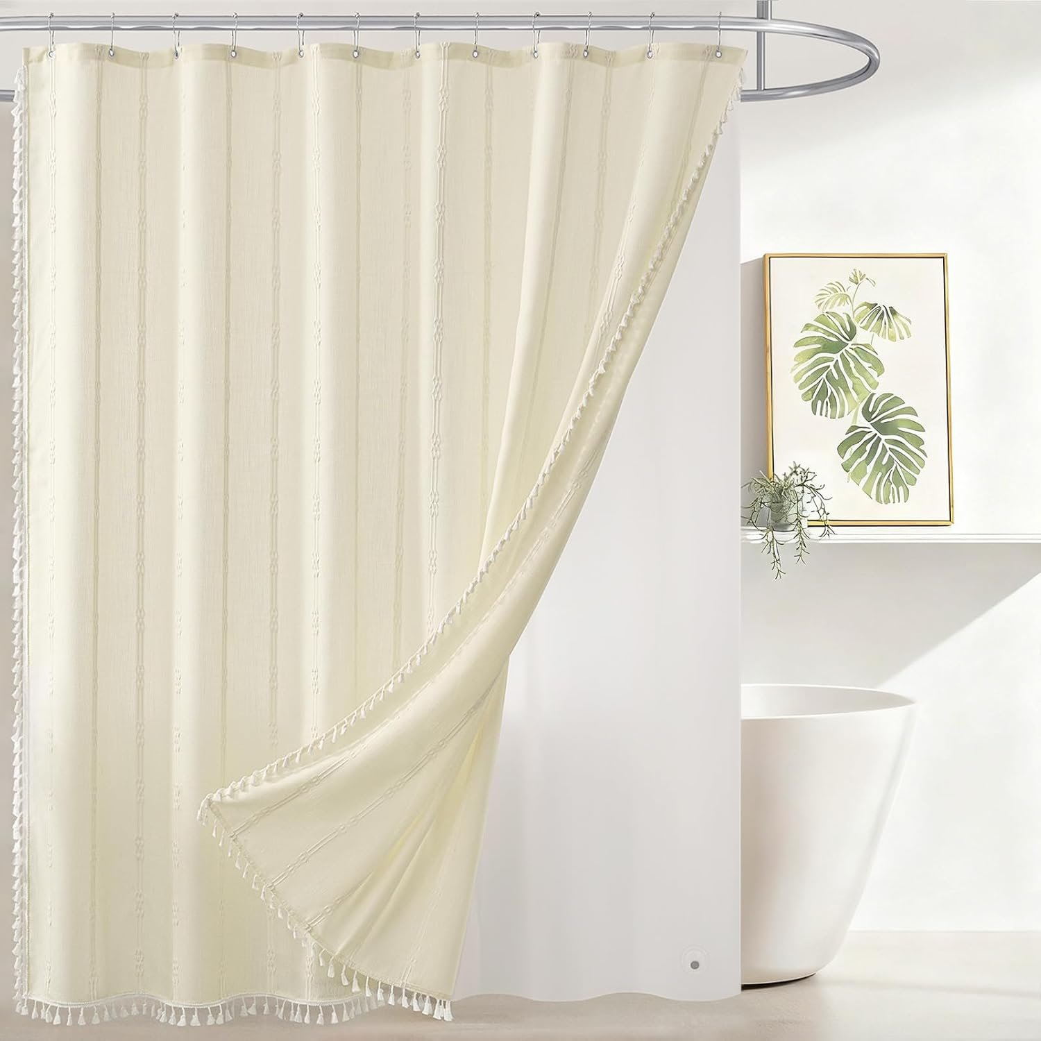 downluxe Linen Texture 3 in 1 Farmhouse Shower Curtain Set with Tassel, Boho Fabric Shower Curtains for Bathroom, Cream, 72W x 72L