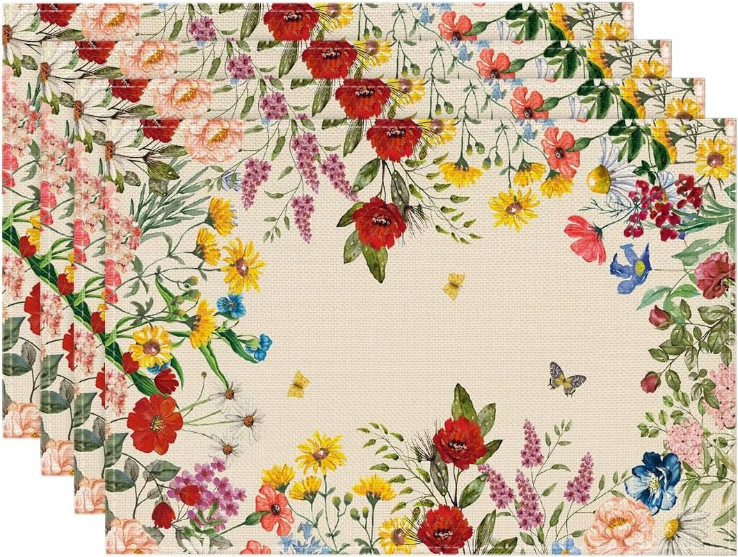 Artoid Mode Vintage Floral Spring Placemats Set of 4, 12×18 Inch Seasonal Holiday Table Mats for Party Kitchen Dining Decoration