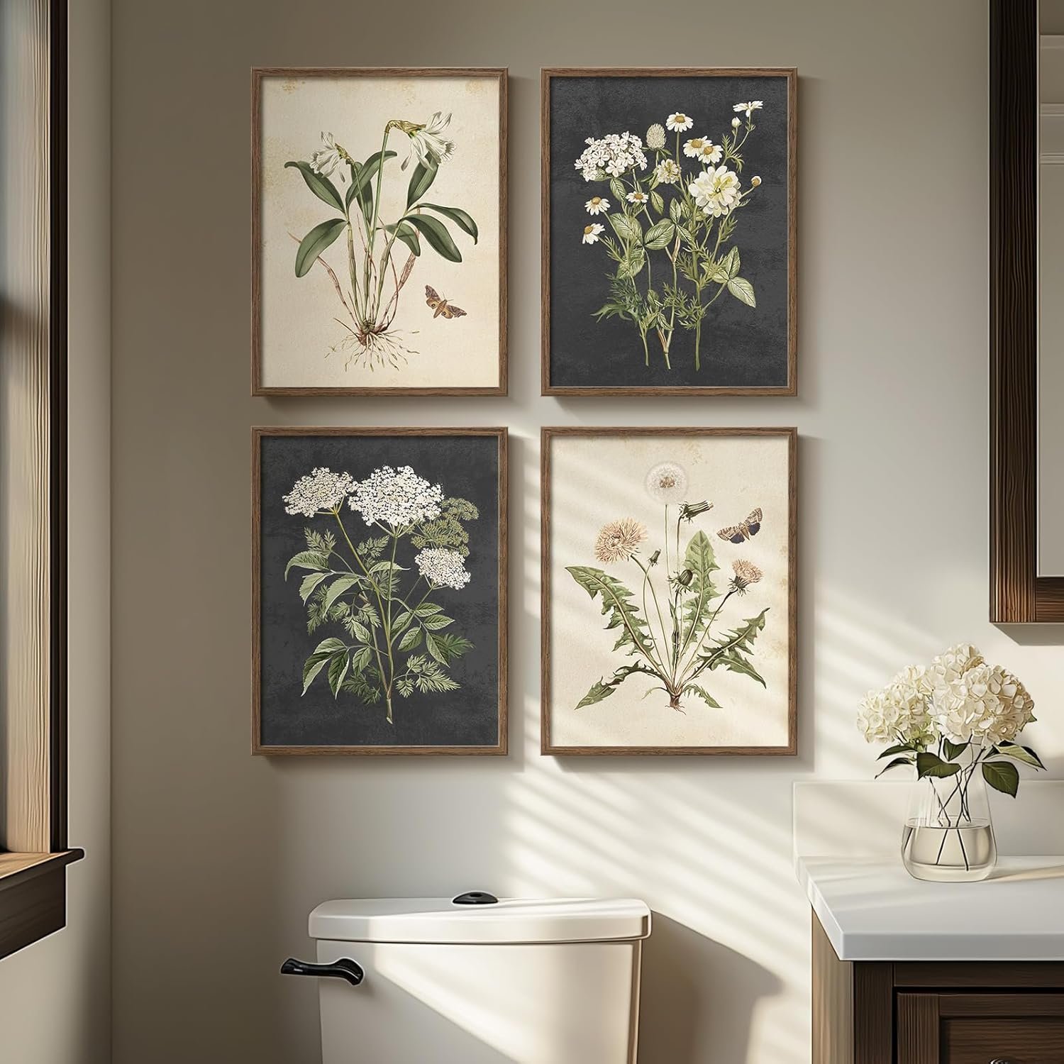 Framed Botanical Wall Art, 4 Piece Vintage Farmhouse Floral Canvas Painting Prints Artwork for Bathroom Walls, Rustic Flower Butterfly Pictures for Kitchen Bedroom Hallway Home Decor, 8×10 Inch