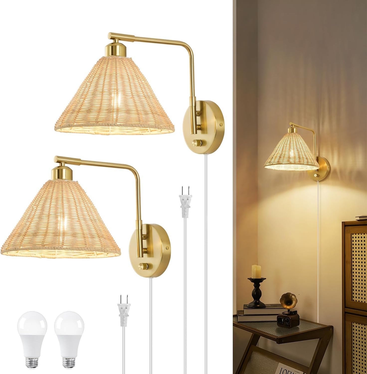 Plug in Wall Sconces Set of 2, Rattan Wall Lamps with Cord and Dimmer Switch, Gold Swing Arm Wall Mounted Bedside Lamps for Bedroom, Living Room, Plug-in or Hardwired, Bulbs Included