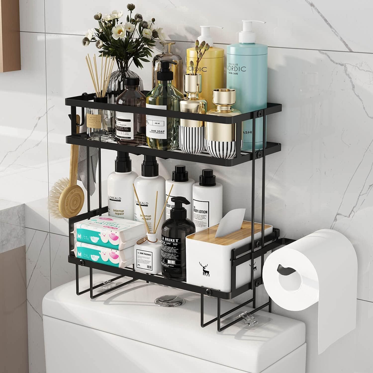 Godboat 2-Tier Over Toilet Storage Shelf, Wall-Mount with 2 Hook/Paper Rack | Bathroom Organizers and Storage Cabinet, Behind/Above/On/Top/Back Tank Shelves, Decor for Bathroom/Restroom/Kitchen/Bedroom