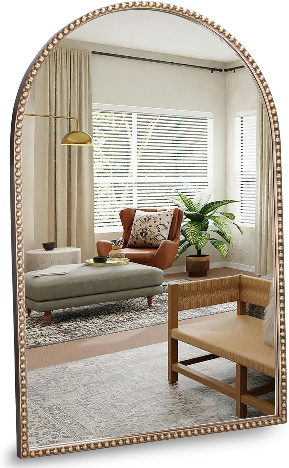 Arched Wall Mirror 24″ x 36″,Antique Gold Metal Beaded Frame, Decorative Accent Mirror for Bathroom, Living Room, Entryway & Bedroom