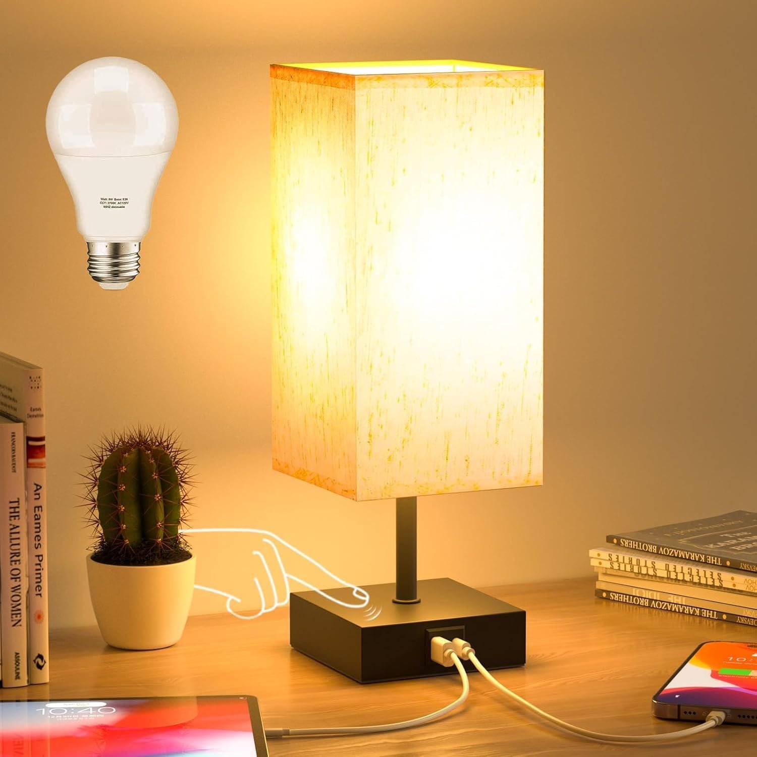comzler Bedside Lamp, Touch Control Small Lamp for Bedroom, Nightstand Lamp with Charging Station USB C + A Ports, 3 Way Dimmable for Home Living Room, LED Bulb Included, Upgraded Fabric Shade, Cream