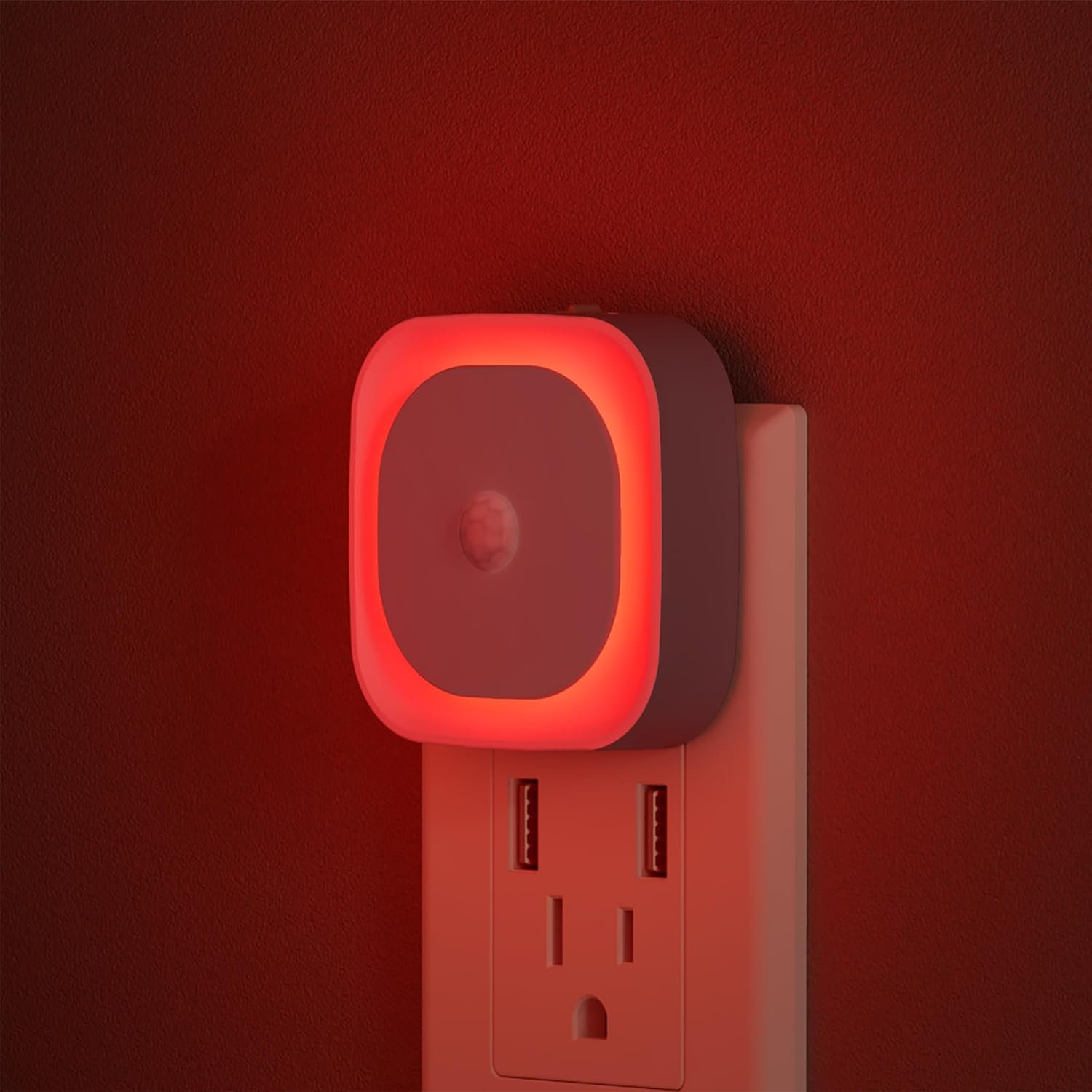 YUNLEX 2 Pack Plug in Red Night Light with Motion Sensor & Dusk to Dawn Sensor, Soft Glow, 0% Blue Light, Dimmable, Auto On/Off, 3 in 1 LED Lights for Bedroom, Kids, Bathroom, Hallway