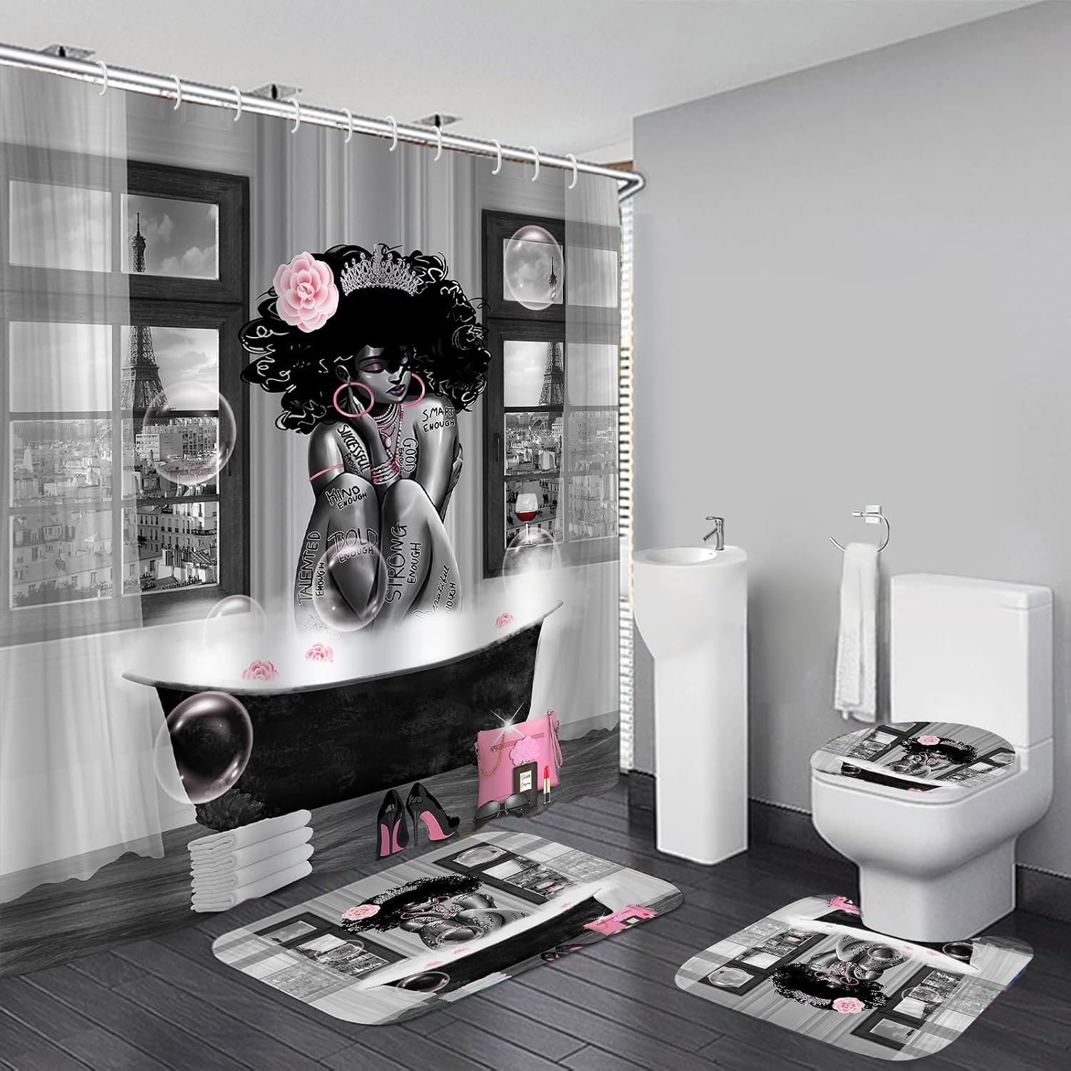 4Pcs African American Shower Curtain Sets with Rugs, Black Girl Shower Curtain for Bathroom Decor Sets with Paris Eiffel Tower Art Pattern, Grey Waterproof juego de baño, with 12 PCS Hooks
