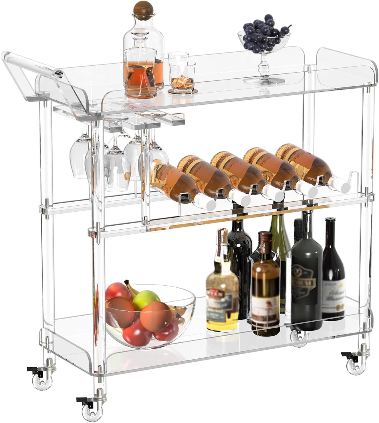 HMYHUM Acrylic Bar Cart with 4 Lockable Wheels, Clear Serving Cart with Wine Rack and Glass Holder, Rolling Beverage Cart for Home, Kitchen, Dinning Room, 33.7″ L x 13″ W x 34.8″ H