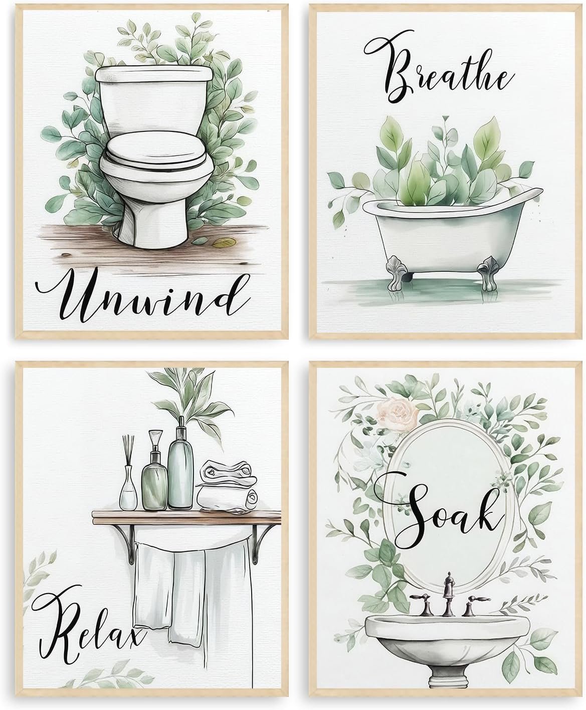 Dazzlewall 4pcs Relax Unwind Breath Soak Wall Decor, Minimalist Sage Green Leaves Bathroom Bathtub Washbasin Toilet Wall Art Poster, 8×10 in Unframed