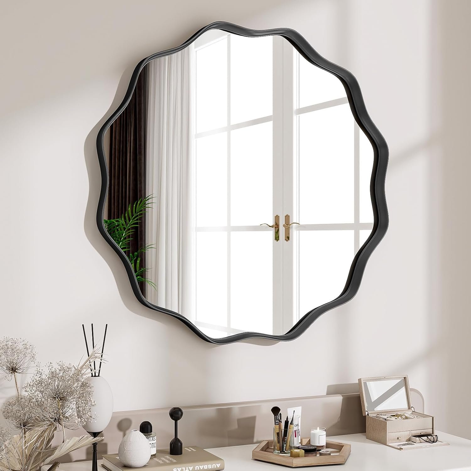 Wavy Round Mirror, 20″ Metal Frame Scalloped Black Circle Mirror | Wall Mounted for Bathroom, Vanity, Entryway, Hallway, Living Room