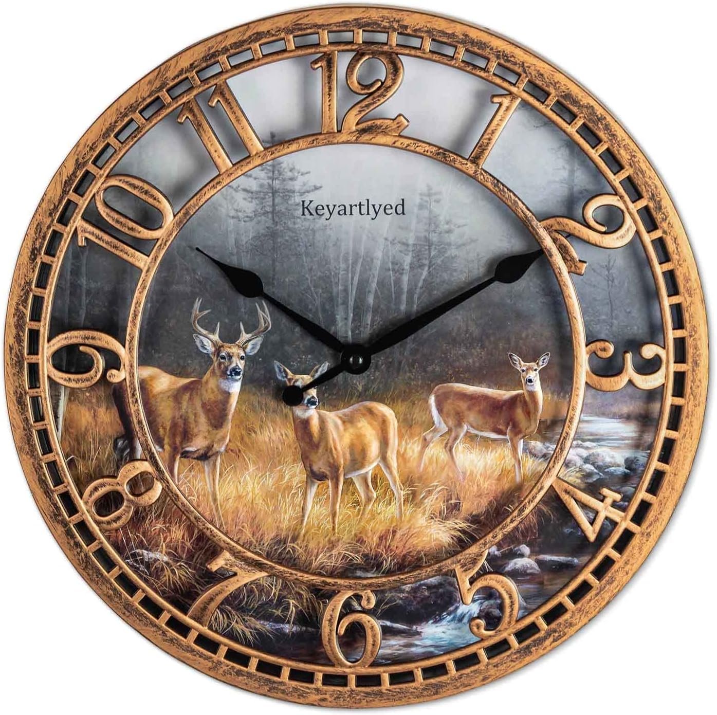 WANGIRO Round Wall Clock Farmhouse Plastic Deer Clock Battery Operated Silent Non-Ticking Rustic Clock 12 Inch for Home Kitchen Living Room Bedroom Office Decor (Antique Copper)