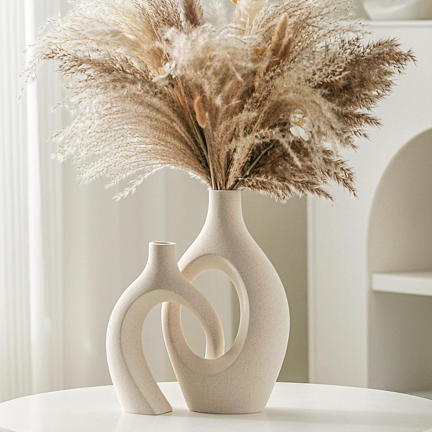 Lvases Snuggle Hollow Ceramic Vase Set of 2, Boho ins Style Round Nordic Mid Century Modern Aesthetic Decorative Vase for Home Decor (Cream W 6.8″ X H 11″)