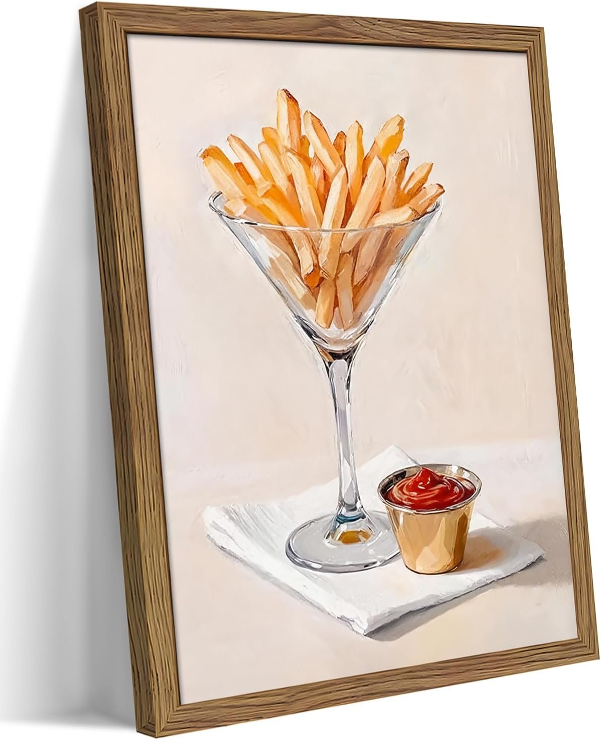 Modern Kitchen Wall Art,Funny Fries in Glass Canvas Wall Decor Painting, Vintage Minimalist Fries Ketchup Food Artwork Prints Pictures for Dining Room Kitchen Decor 12X16 Inch Wood Framed