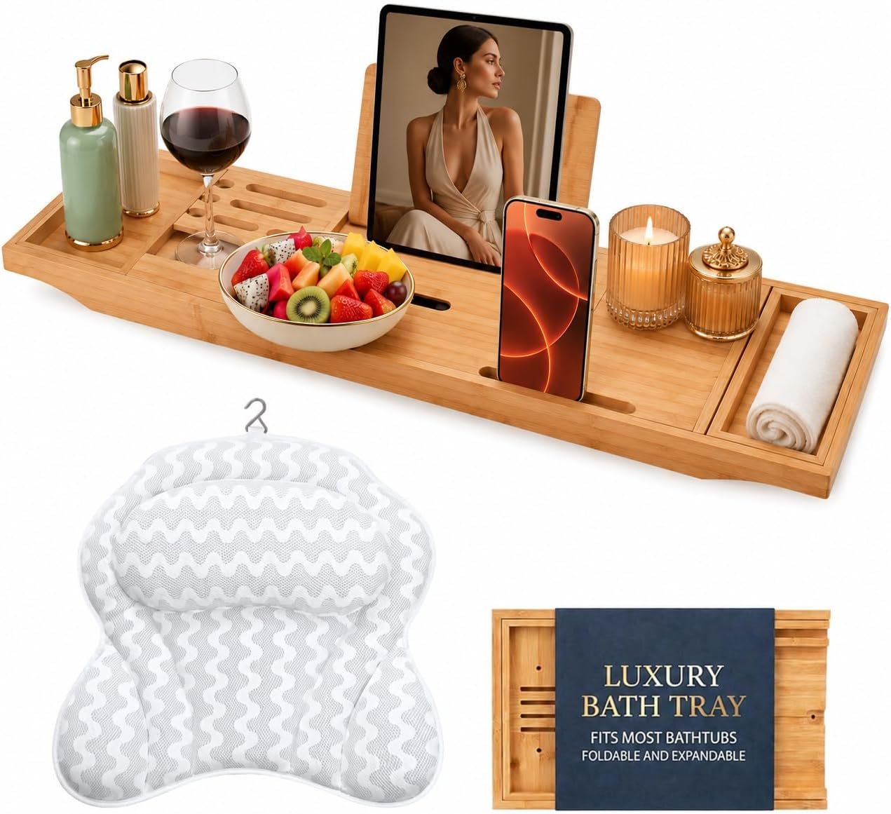 Bath Tray for Tub and Ergonomic Pillow Premium – Caddy Foldable 29 to 43 Inch – Bamboo Wood Tub Organizer – Luxury Bathtub Tray – Bathroom Accessories for Mothers, Birthday Gifts for Mom